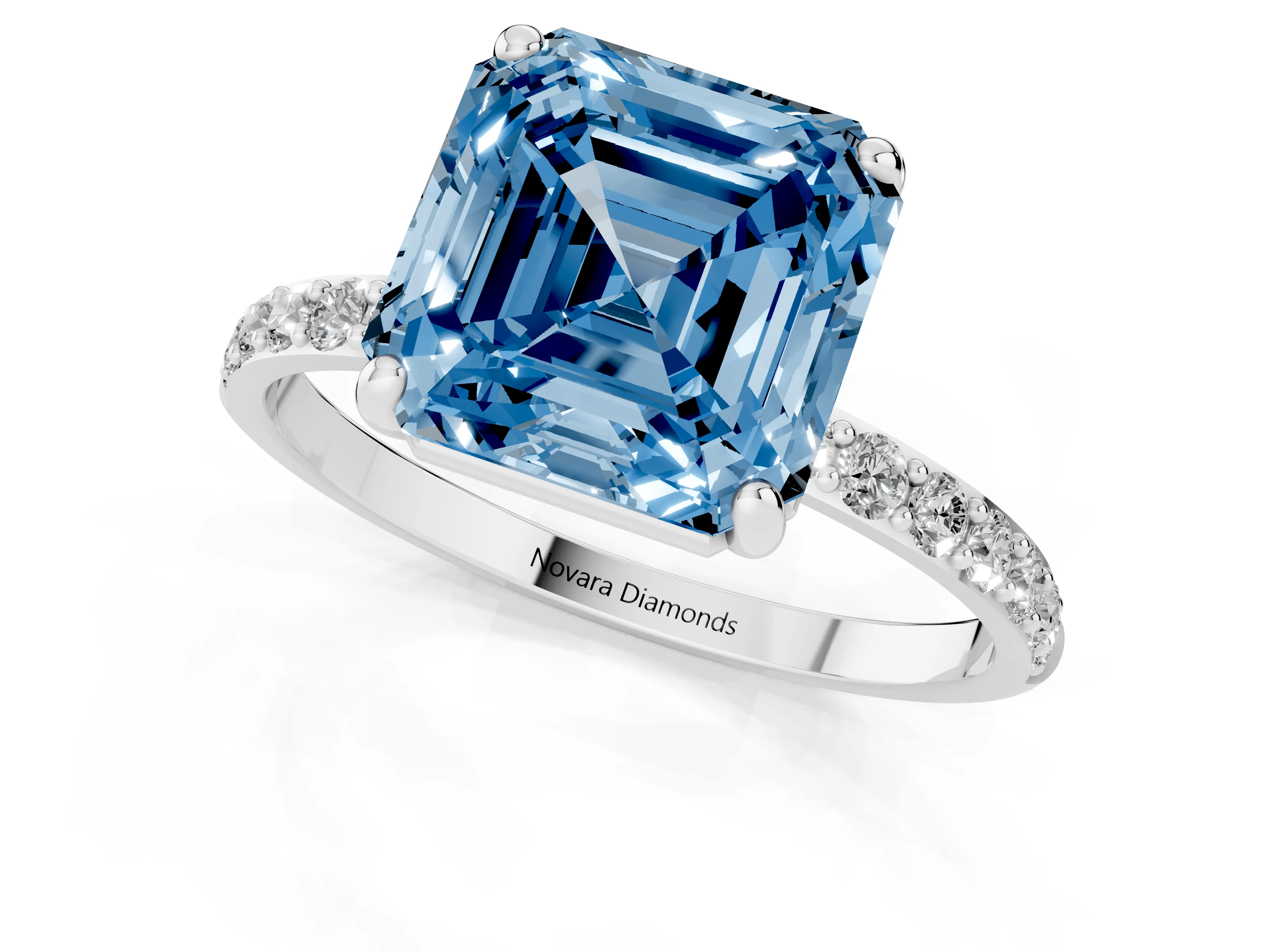 Fancy Blue Asscher Cut Diamond Solitaire Ring Set in Platinum with Round Pavé Band and Prong Setting