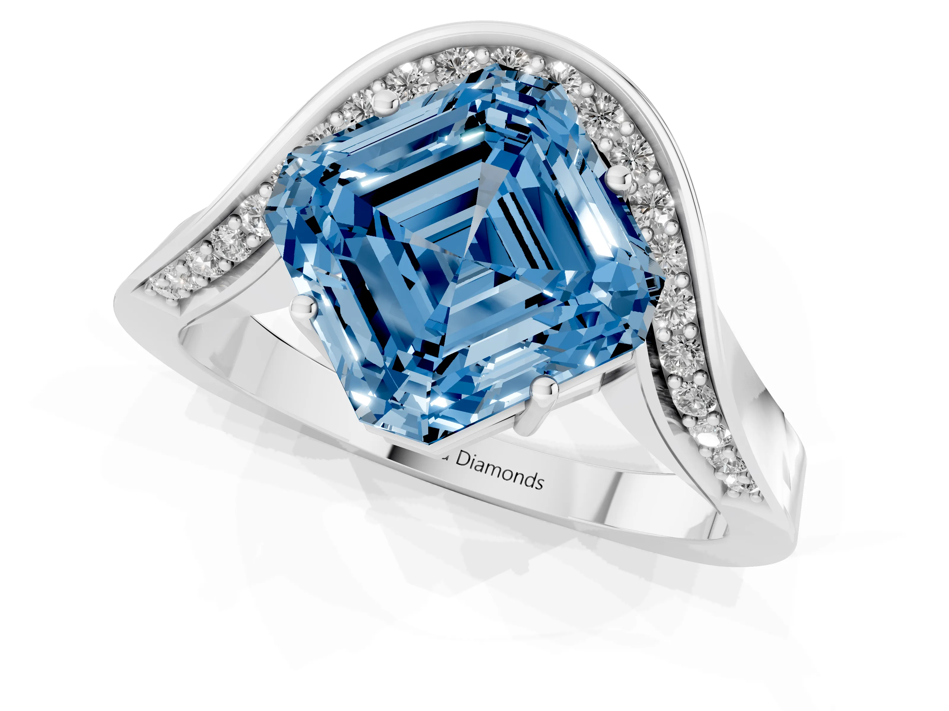 Fancy Blue Asscher Cut Diamond Solitaire Engagement Ring Set in Silver with Pavé Shoulders