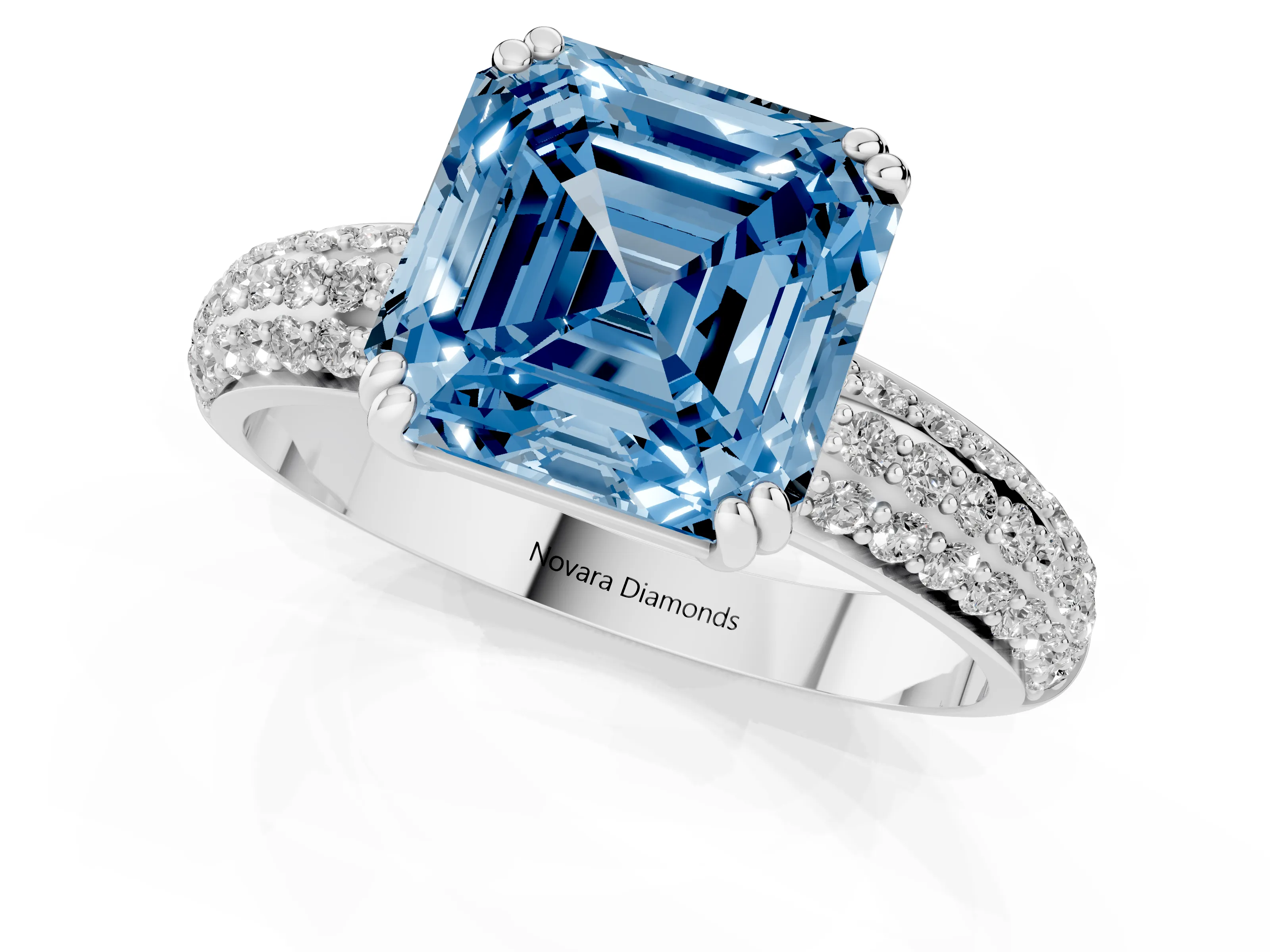 Fancy Blue Asscher Cut Diamond Solitaire Ring Set in Platinum with Multi-Row Round Pavé Band and Prong Setting