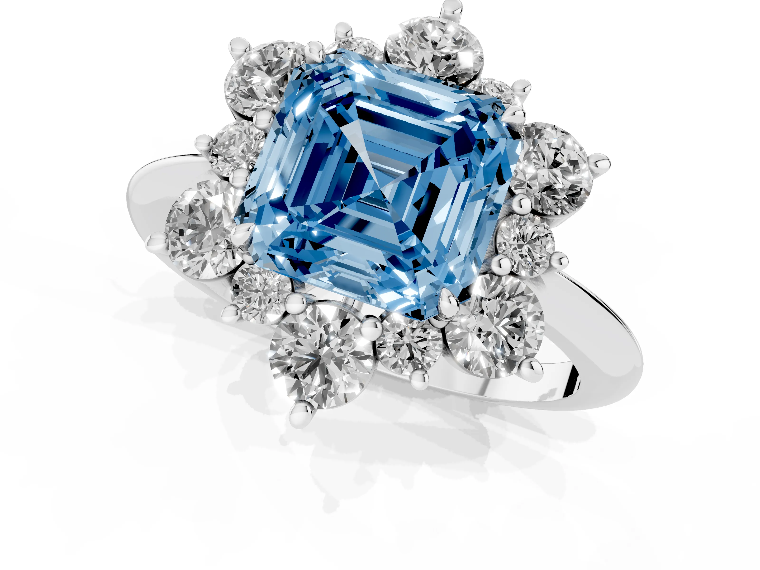 Fancy Blue Asscher Cut Diamond Cluster Halo Ring Set in White gold with Solitaire Band and Prong Setting