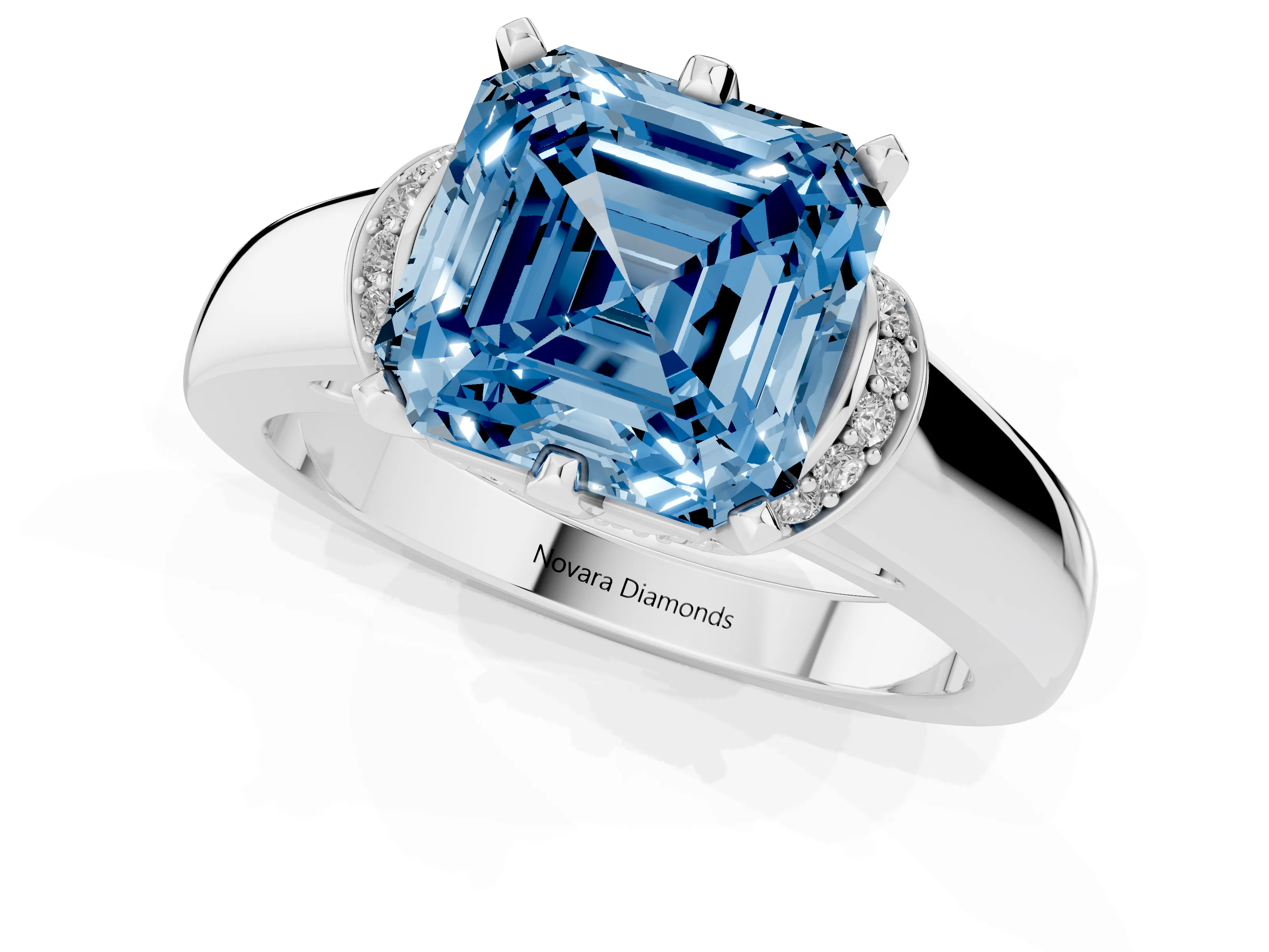 Fancy Blue Asscher Cut Diamond Pavé Band Solitaire Ring Set in Silver with Prong Setting