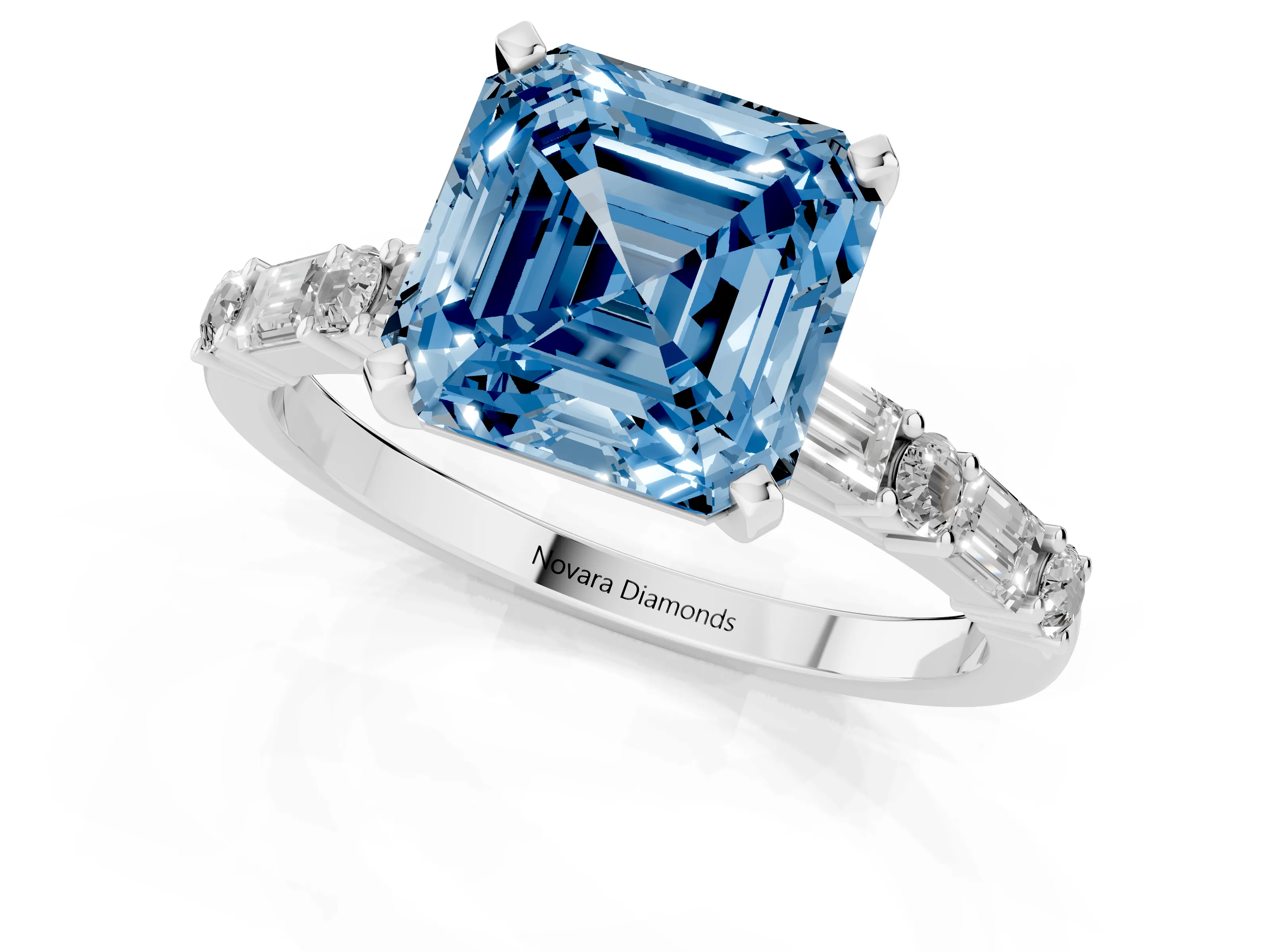Fancy Blue Asscher Cut Diamond Solitaire Set in Platinum with Side Baguettes and Channel Set Band