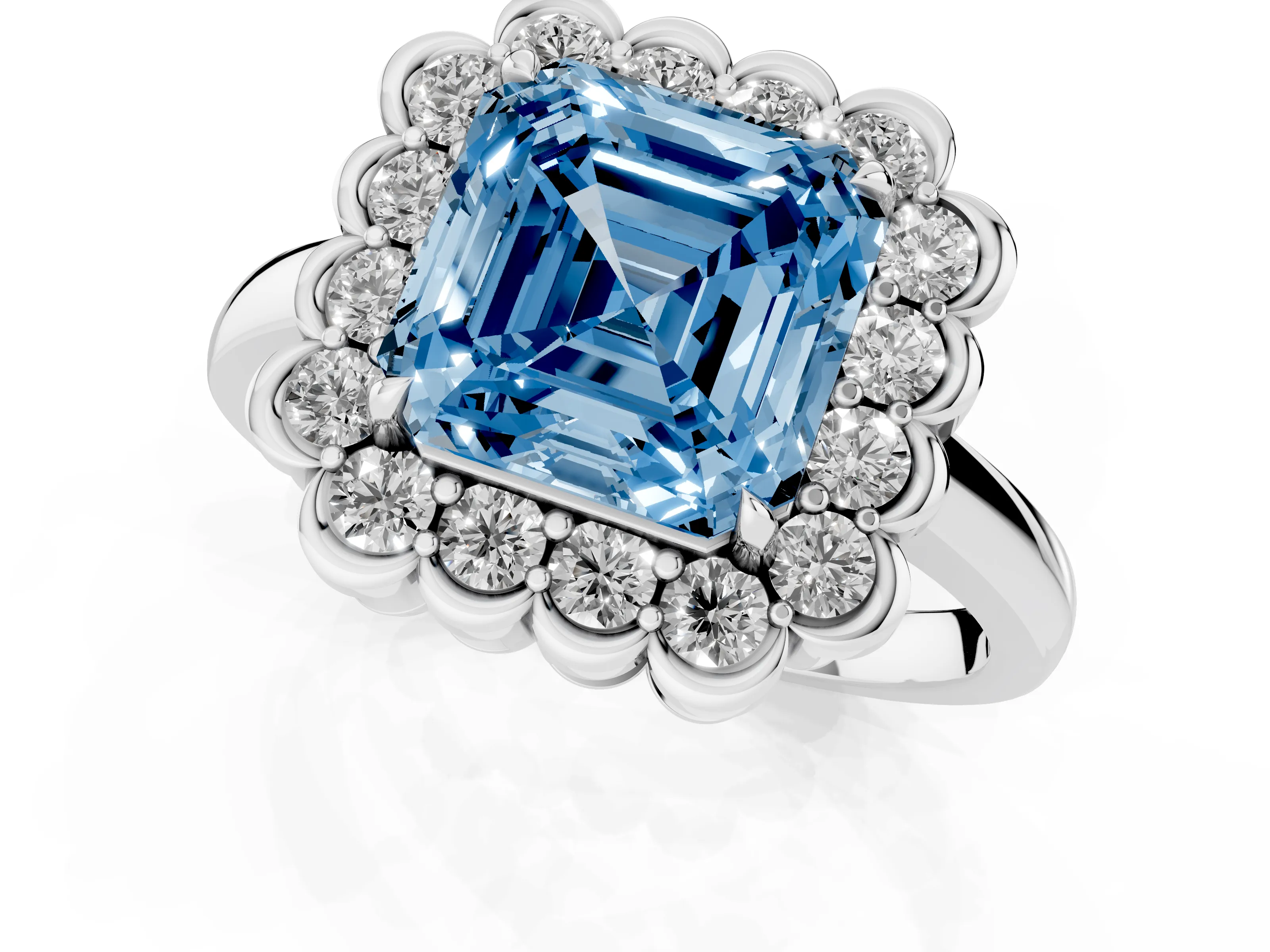 Fancy Blue Asscher Cut Diamond Halo Cluster Engagement Ring Set in White gold with Solitaire Band and Prong Setting