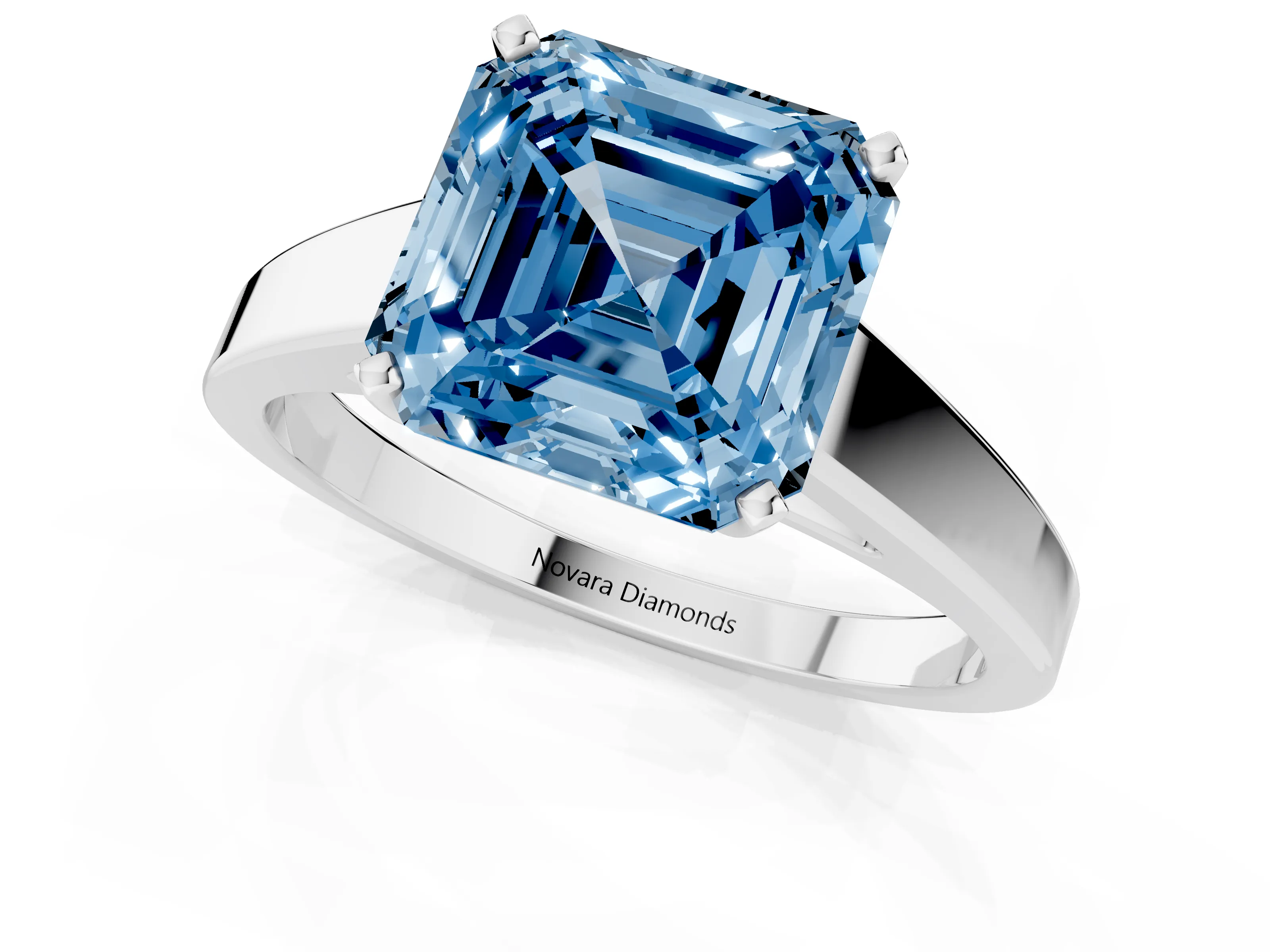 Fancy Blue Asscher Cut Diamond Solitaire Engagement Ring Set in White gold with Prong Setting and Tapered Band
