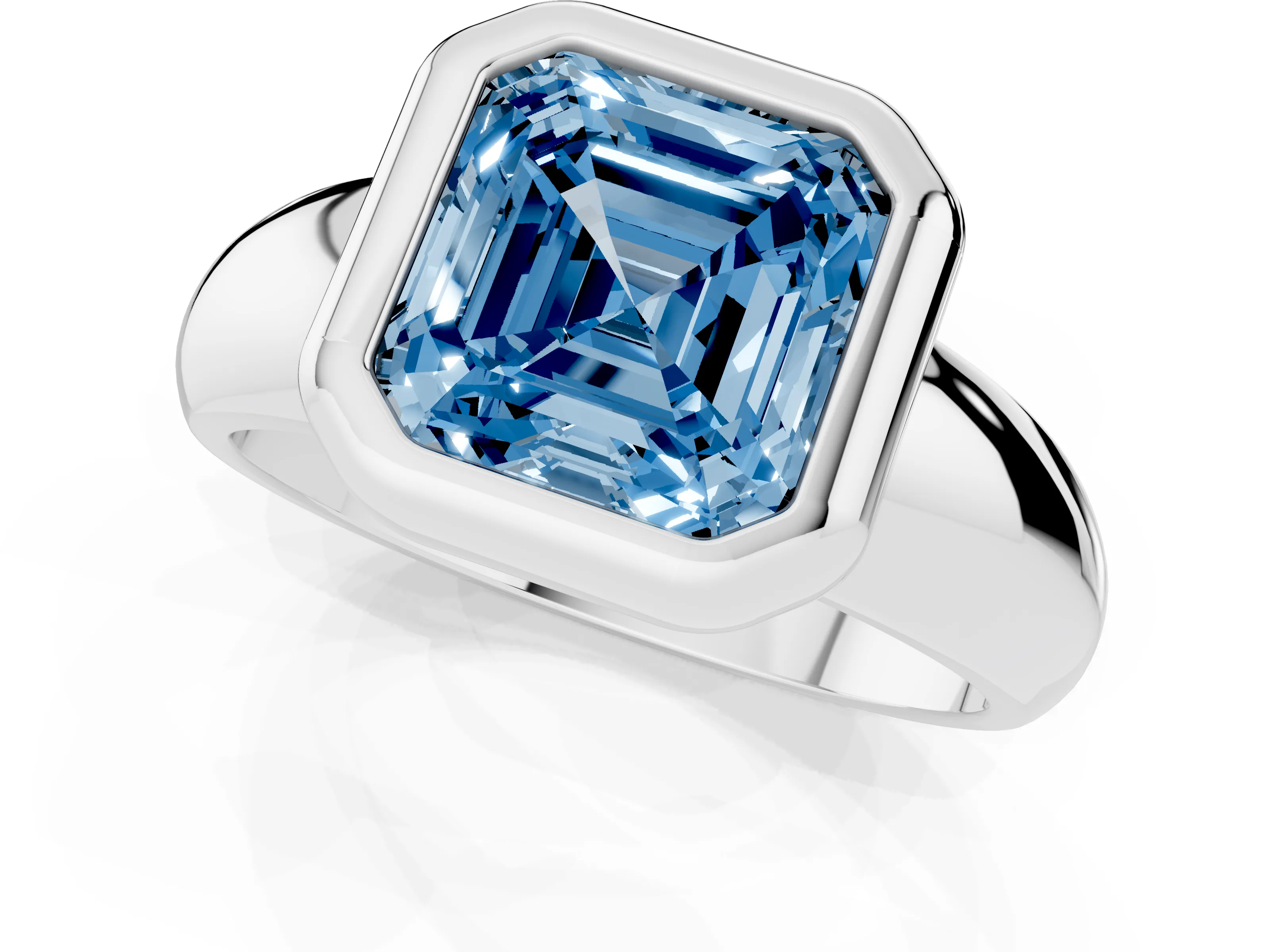 Fancy Blue Bezel Set Asscher Cut Diamond Solitaire Ring Set in Silver with Wide Band