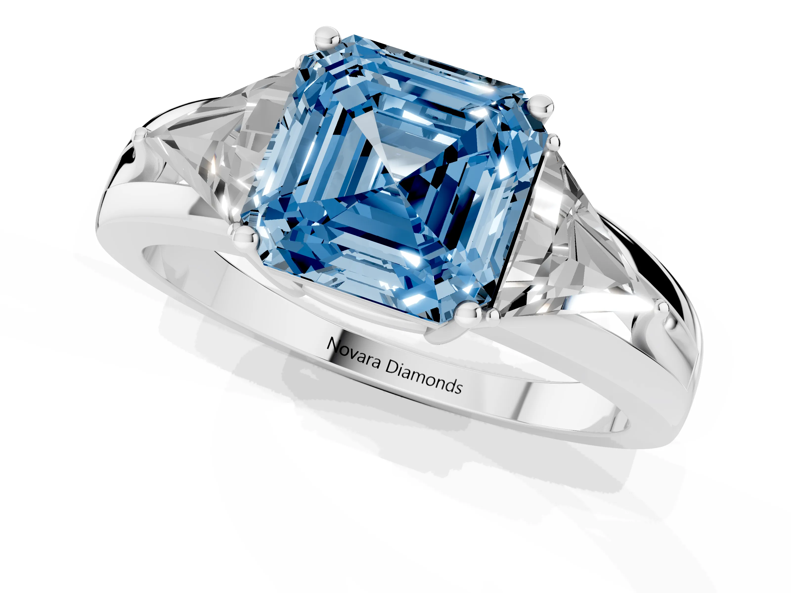 Fancy Blue Asscher Cut Diamond Three-Stone Ring Set in Platinum with Trillion Side Stones and Split Shank