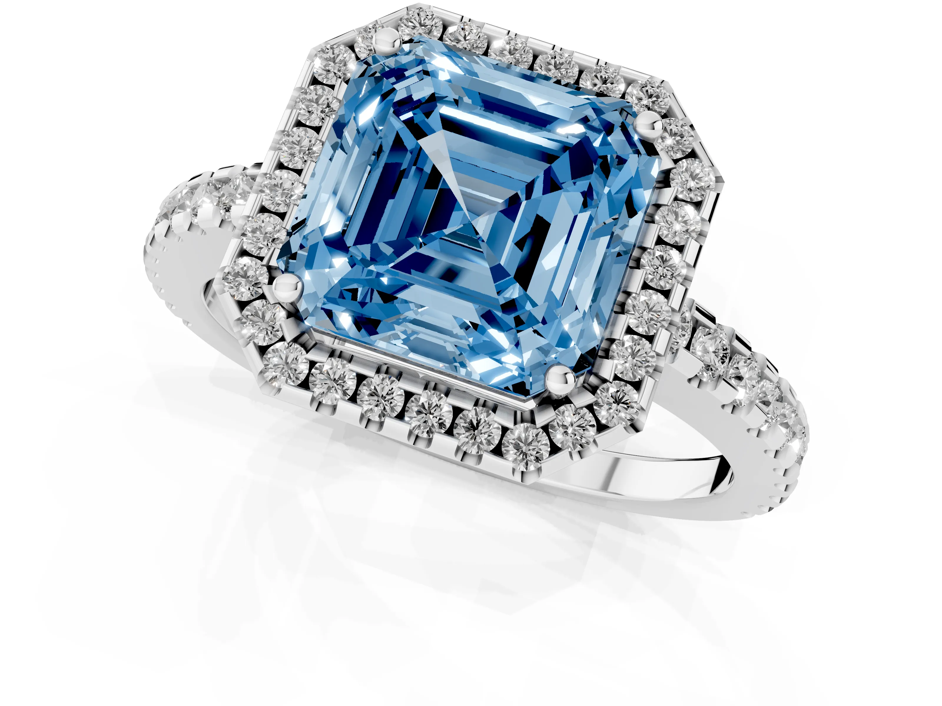 Fancy Blue Asscher Cut Diamond Halo Ring Set in Platinum with Pavé Shoulders and Halo-Framed Center