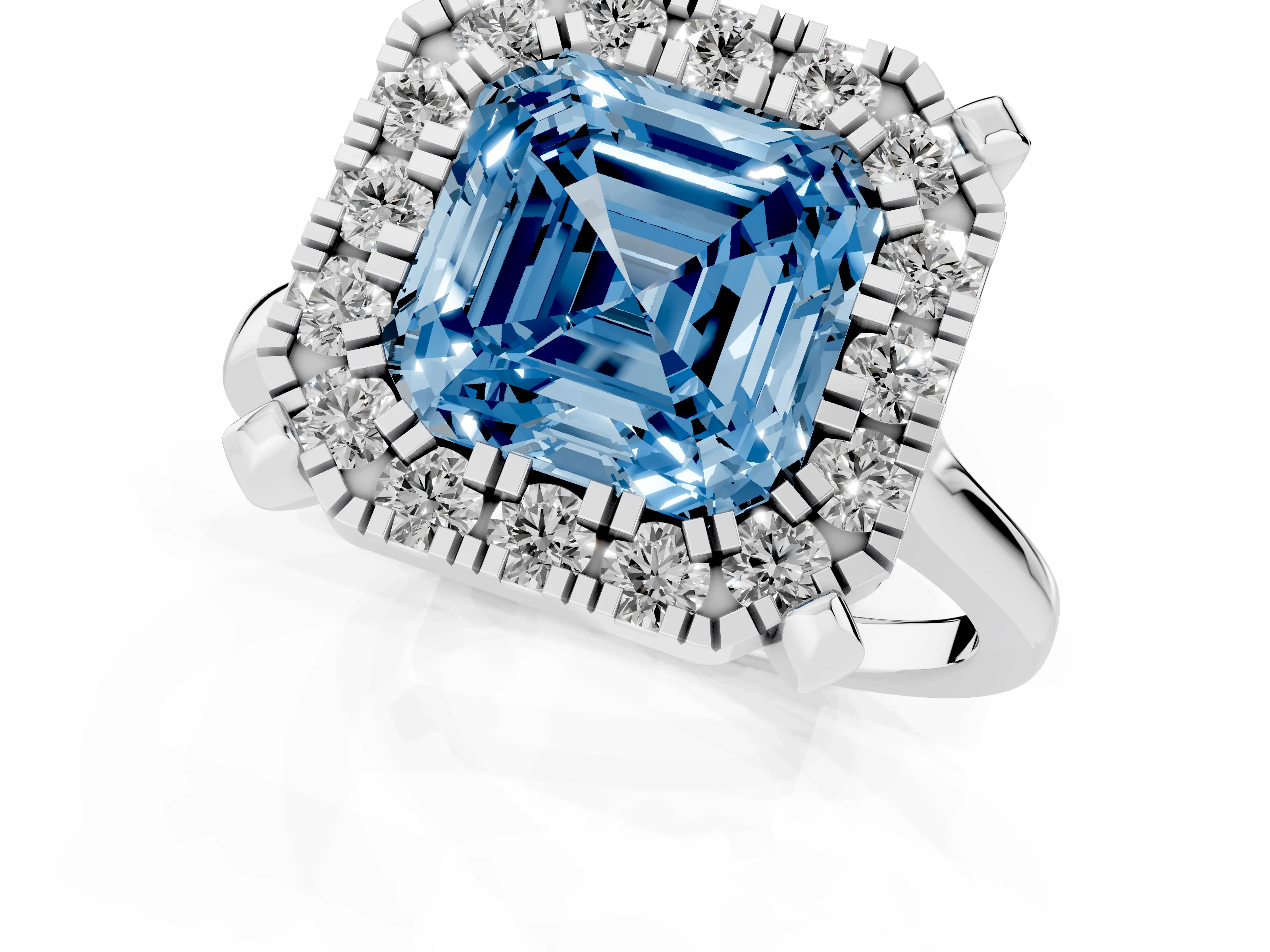 Fancy Blue Asscher Cut Diamond Cluster Halo Solitaire Ring Set in White gold with Prong Setting