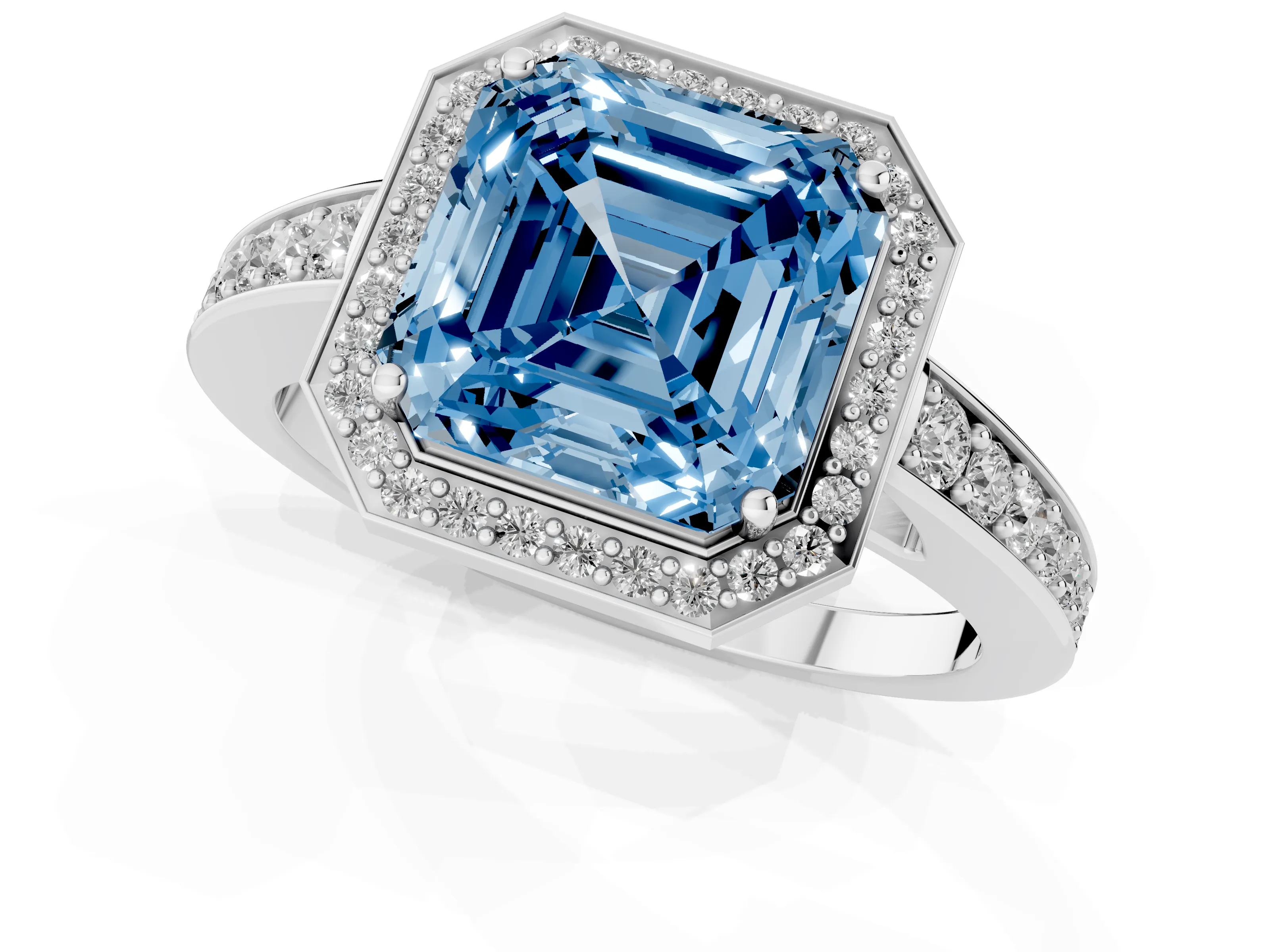 Fancy Blue Asscher Cut Diamond Halo Pavé Engagement Ring Set in Silver with Bezel Setting