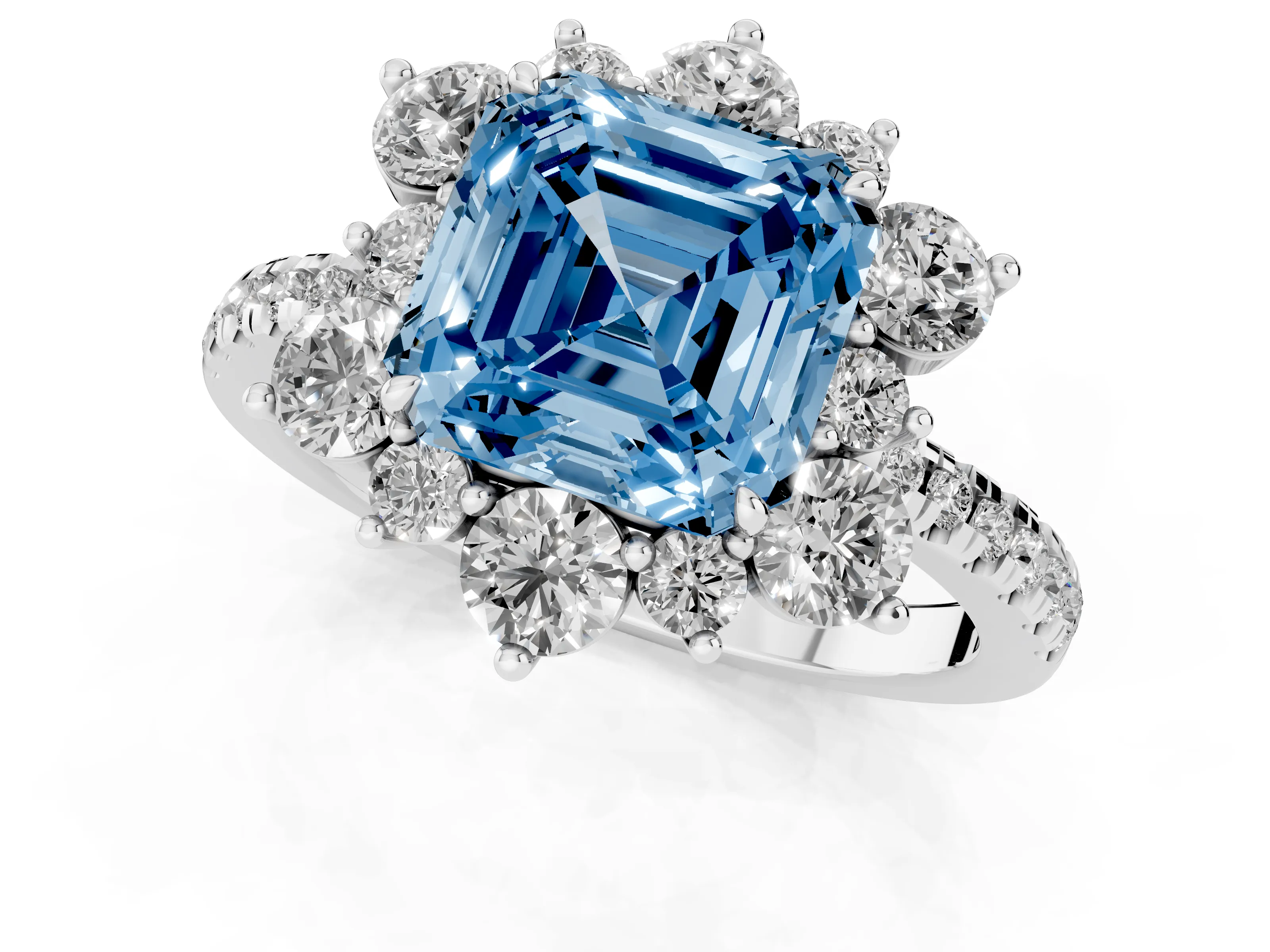 Fancy Blue Asscher Cut Diamond Floral Halo Ring Set in White gold with Round Pavé Band and Prong Setting