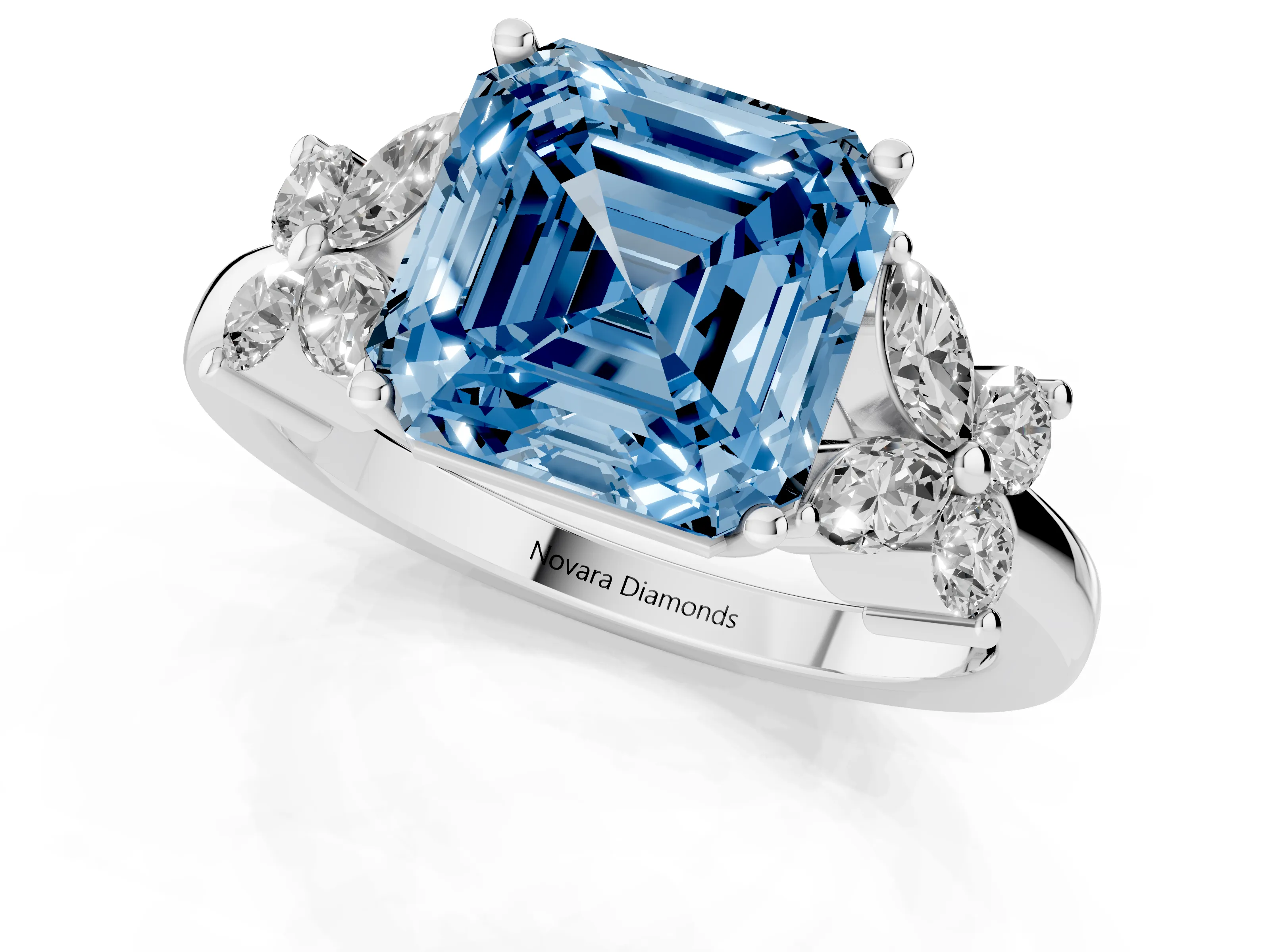 Fancy Blue Asscher Cut Diamond Floral Cluster Ring Set in Platinum with Marquise Petals and Prong Setting