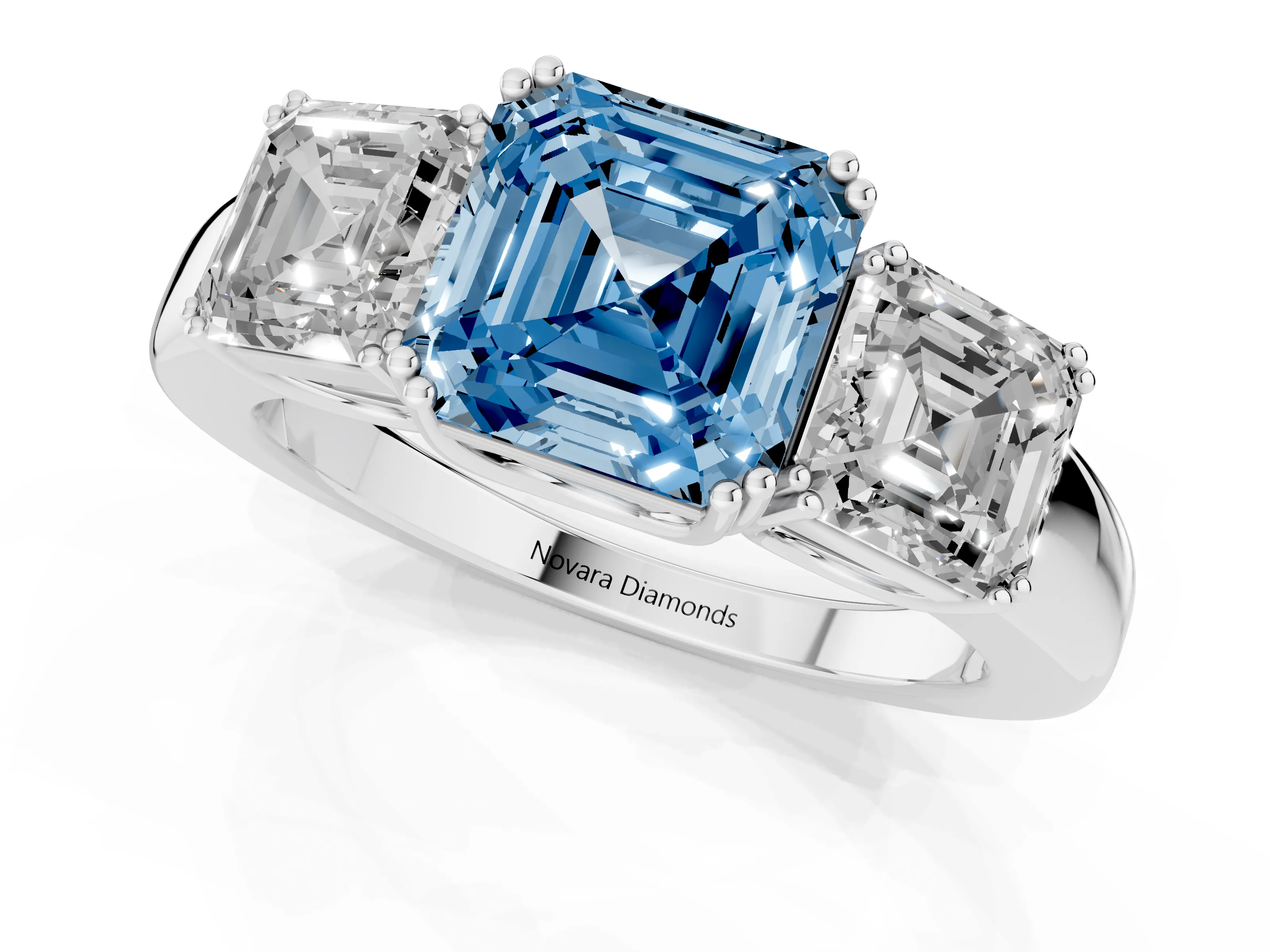 Fancy Blue Asscher Cut Diamond Three-Stone Ring Set in Silver with Polished Band and Prong Setting
