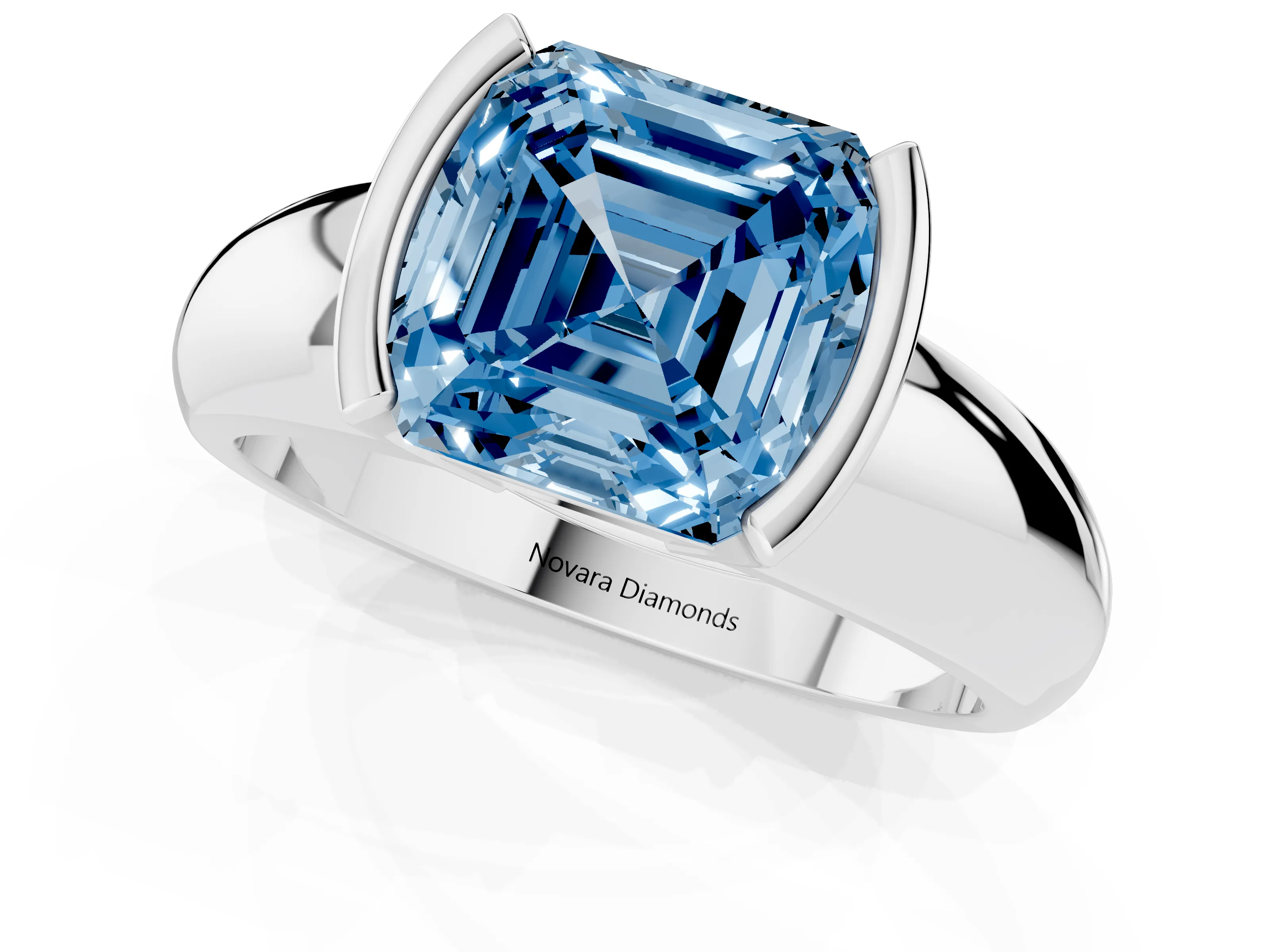 Fancy Blue Asscher Cut Diamond Solitaire Tension Set Ring Set in Platinum with Wide Band