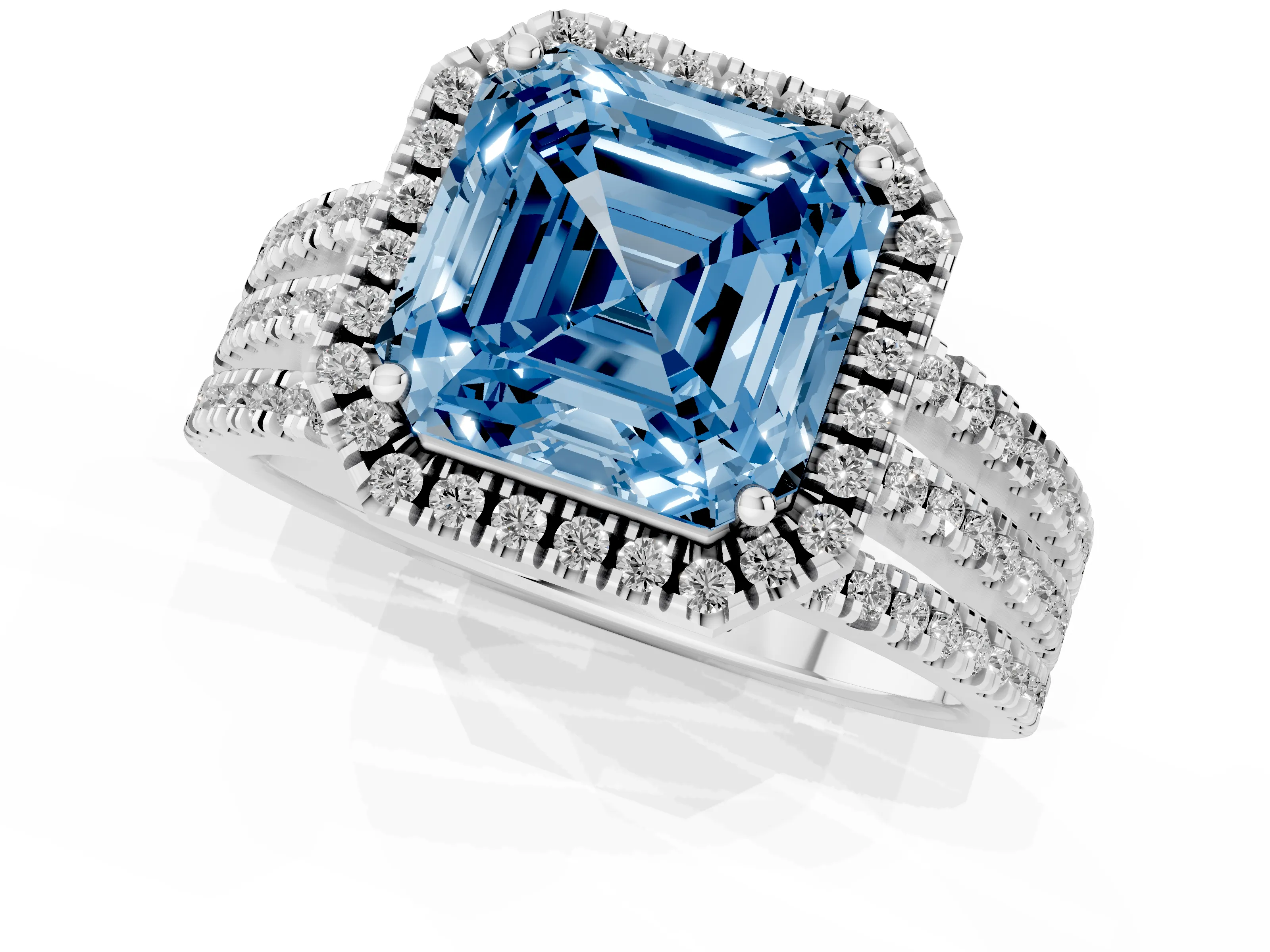 Fancy Blue Asscher Cut Diamond Halo Split Shank Engagement Ring Set in Silver with Prong Setting