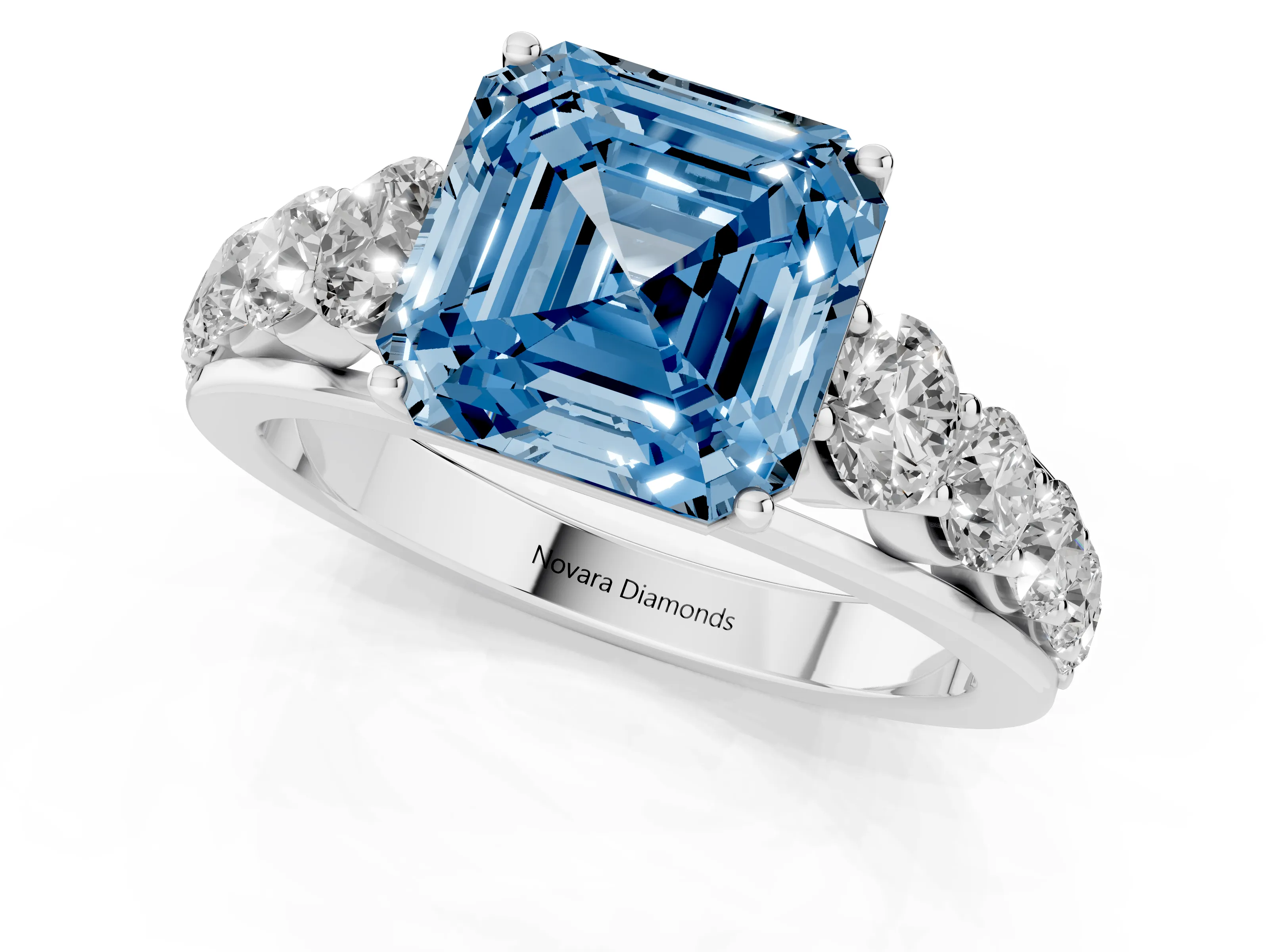 Fancy Blue Asscher Cut Diamond Solitaire Ring Set in Platinum with Pavé-Set Band and Prong Setting
