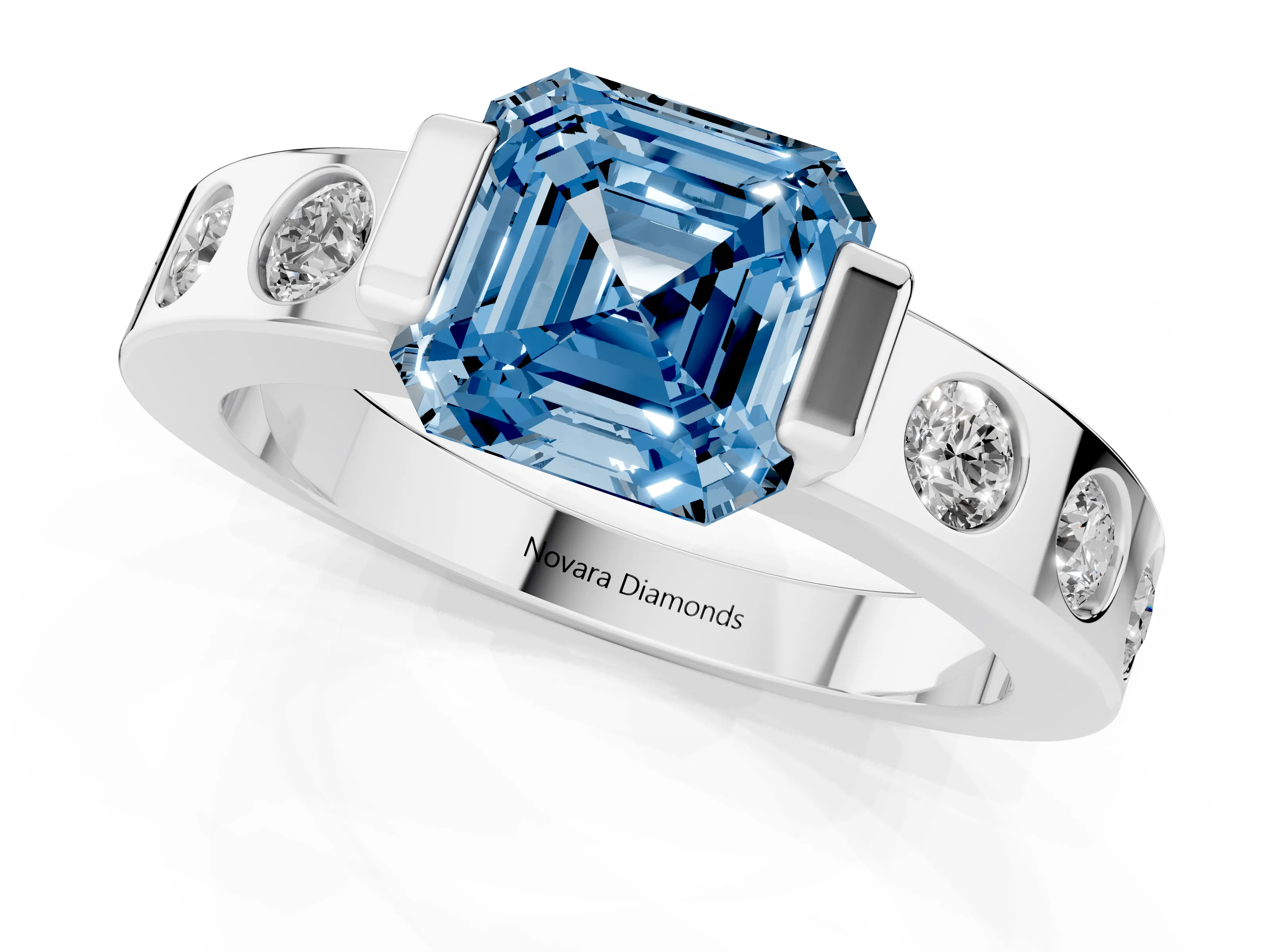 Fancy Blue Asscher Cut Diamond Channel-Set Band Ring Set in White gold with Bezel Prong Setting