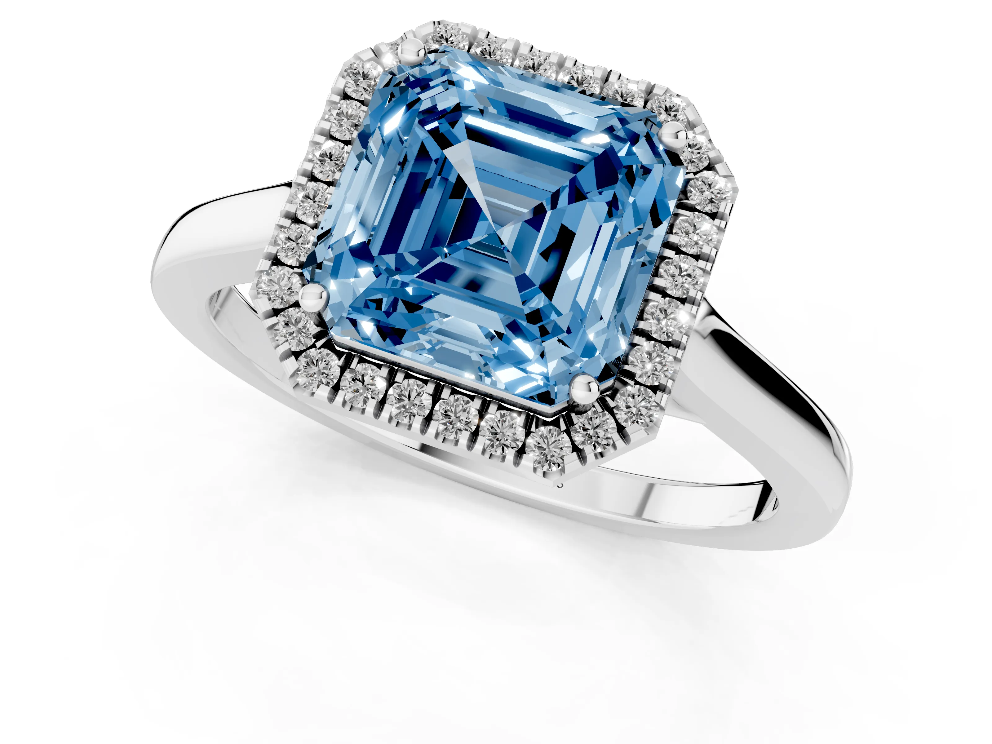 Fancy Blue Asscher Cut Halo Round Diamond Solitaire Ring Set in Platinum with Pavé Band and Prong Setting