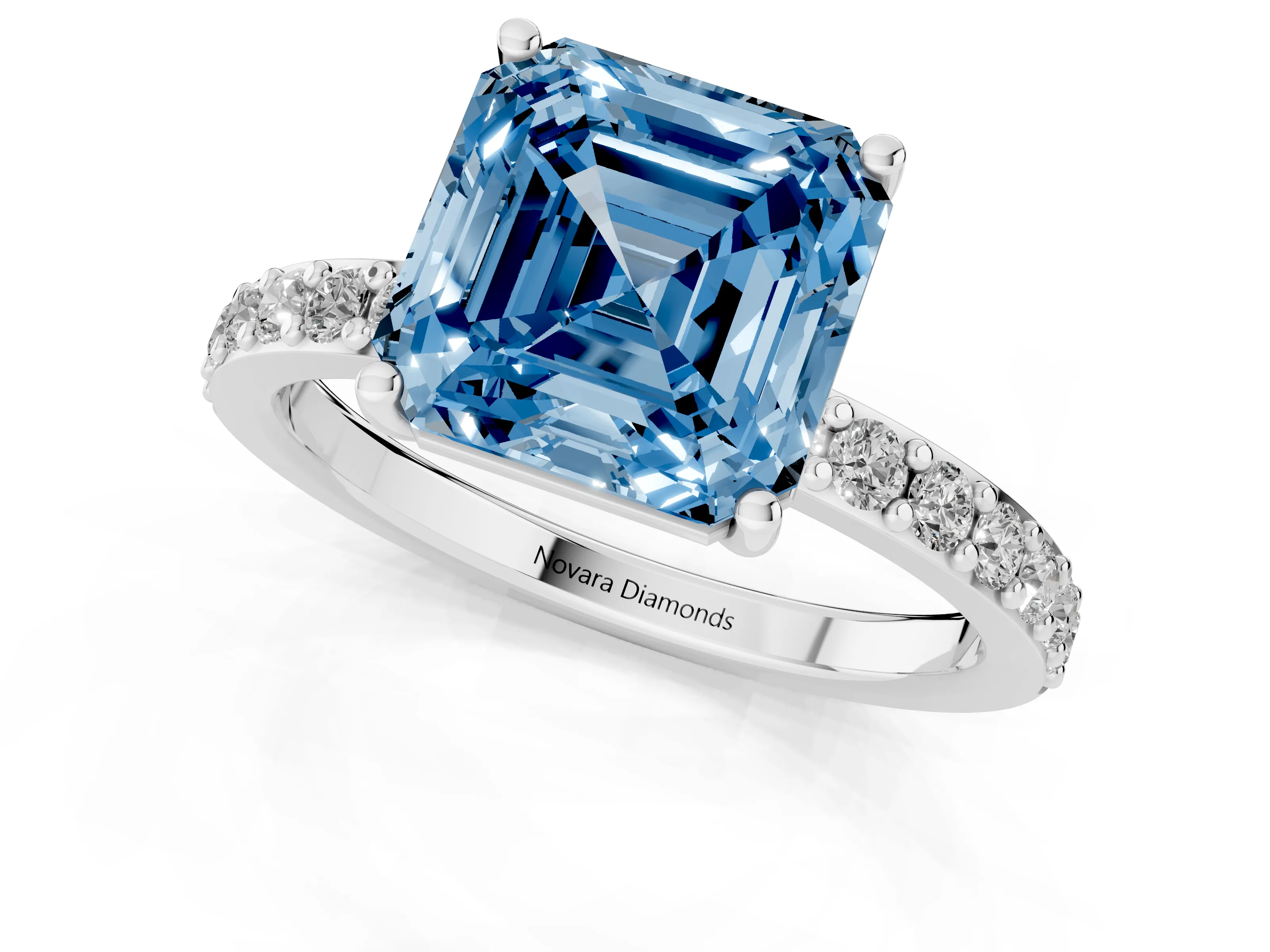 Fancy Blue Asscher Cut Diamond Solitaire Set in Silver with Round Pavé Band and Prong Setting