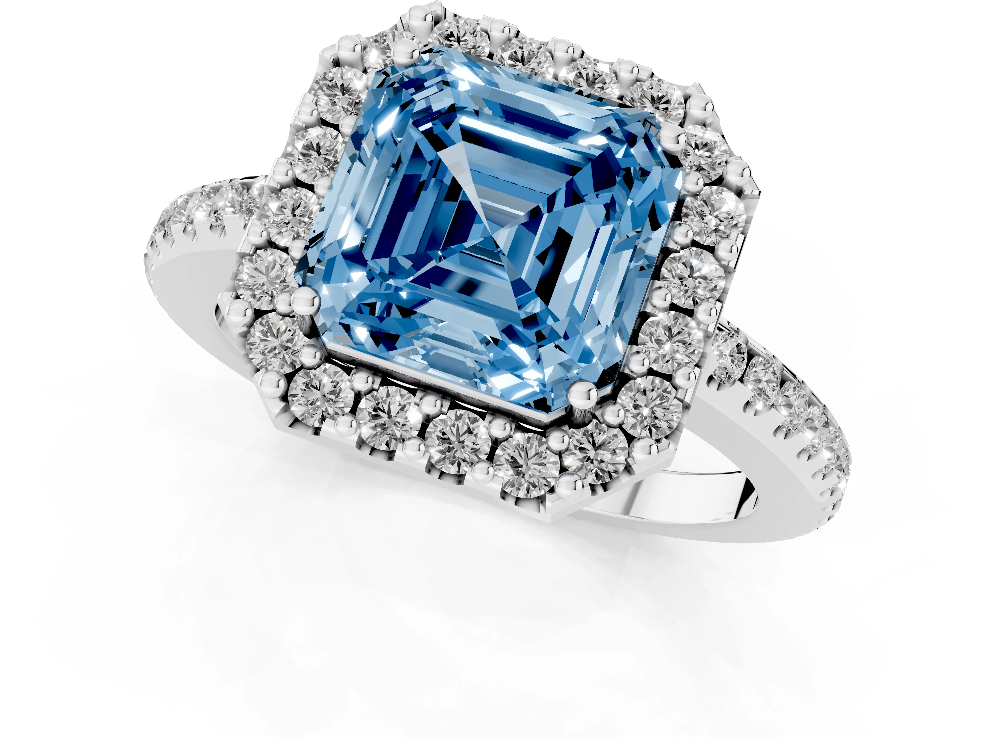 Fancy Blue Asscher Cut Diamond Pavé Halo Ring Set in White gold with Prong Setting