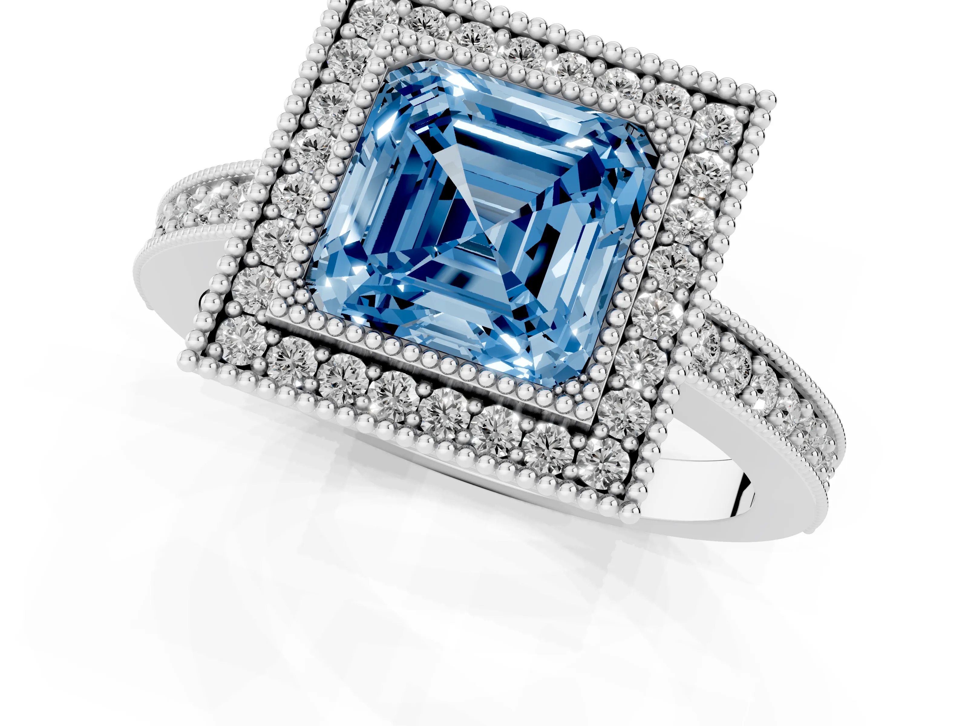 Fancy Blue Asscher Cut Diamond Halo Engagement Ring Set in Platinum with Pavé Band and Round Halo Stones
