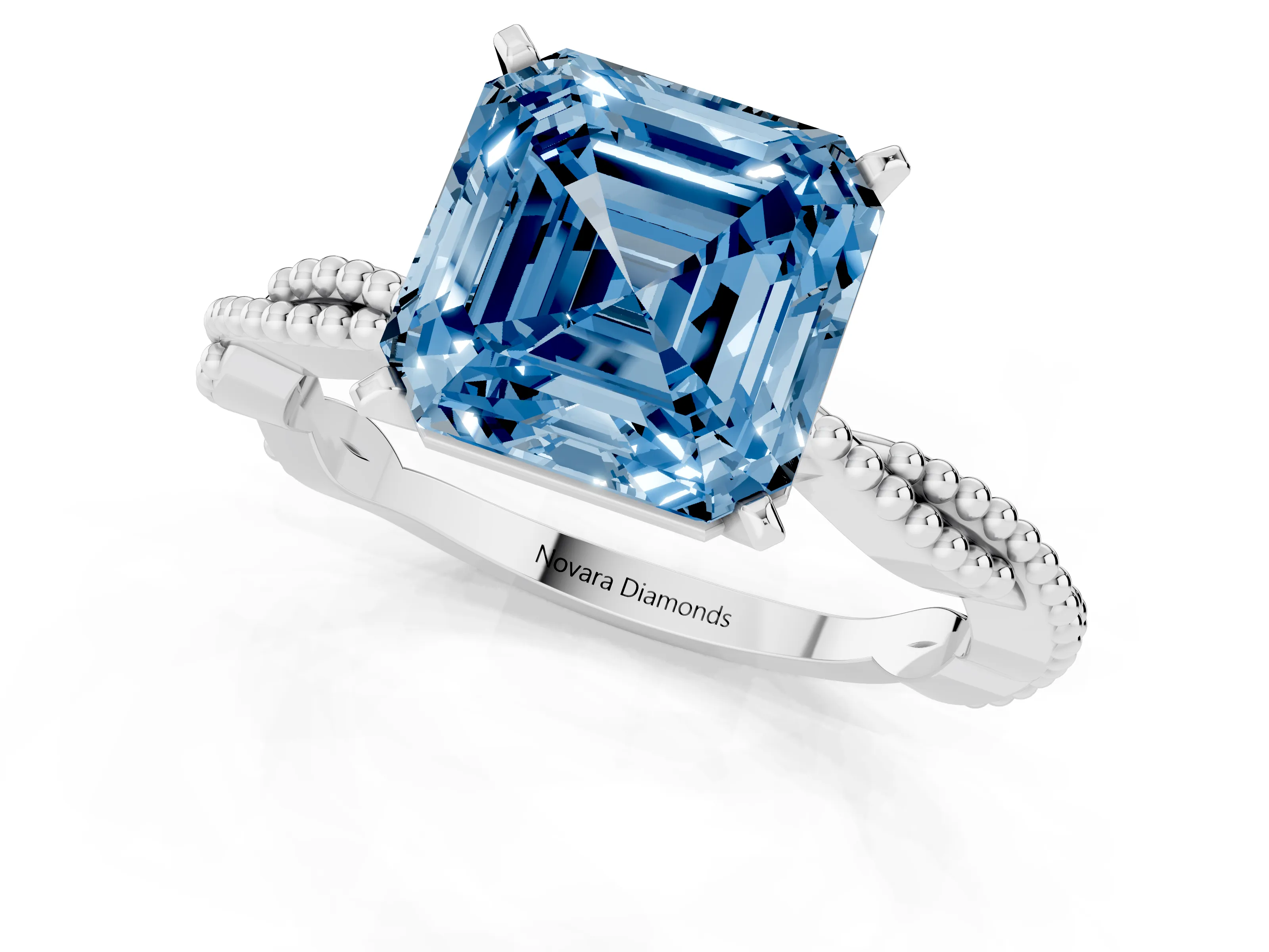 Fancy Blue Asscher Cut Diamond Solitaire Ring Set in Silver with Twisted Band and Bead Prong Setting