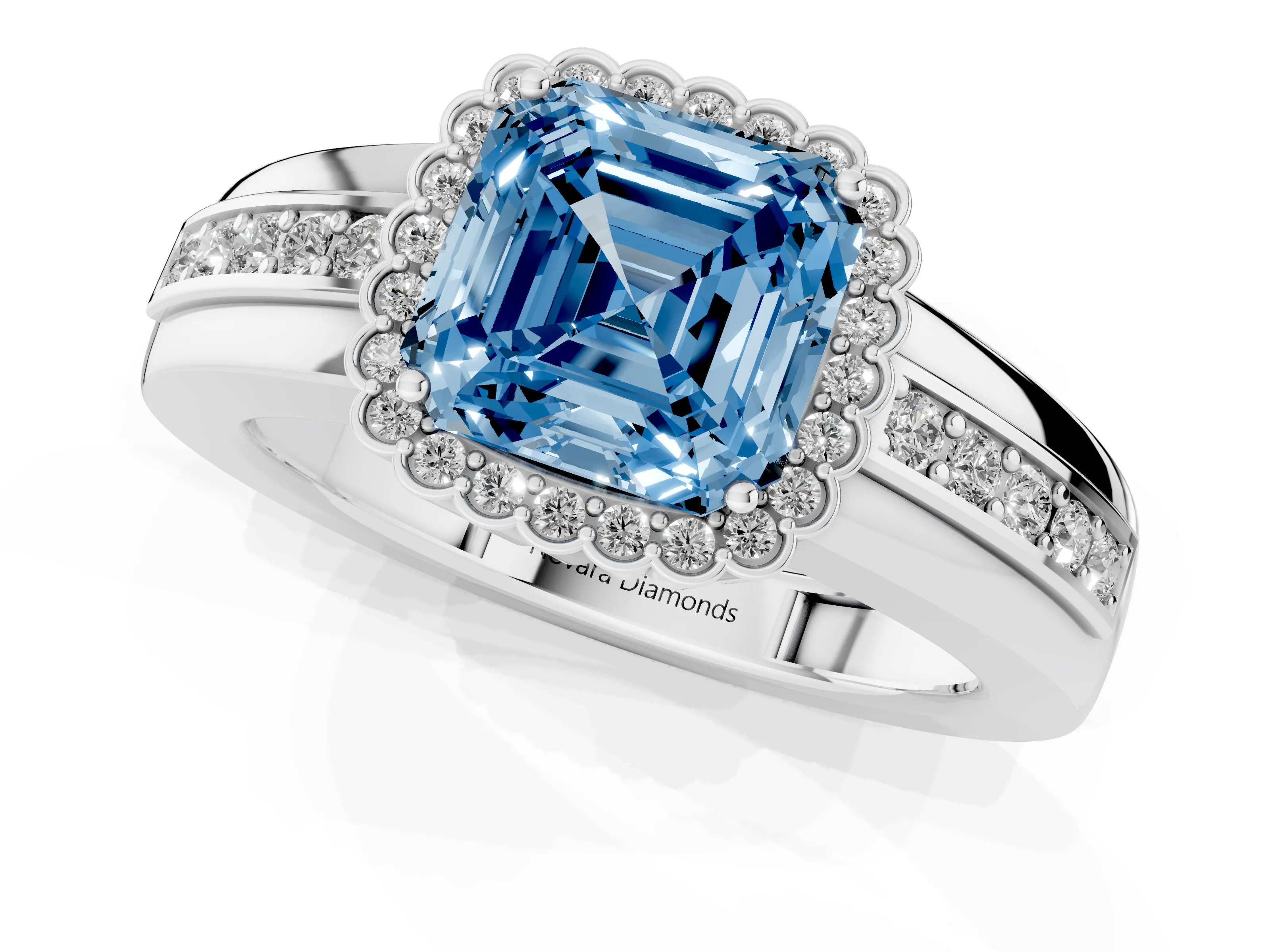 Fancy Blue Asscher Cut Diamond Halo Prong Ring Set in Platinum with Pavé Band