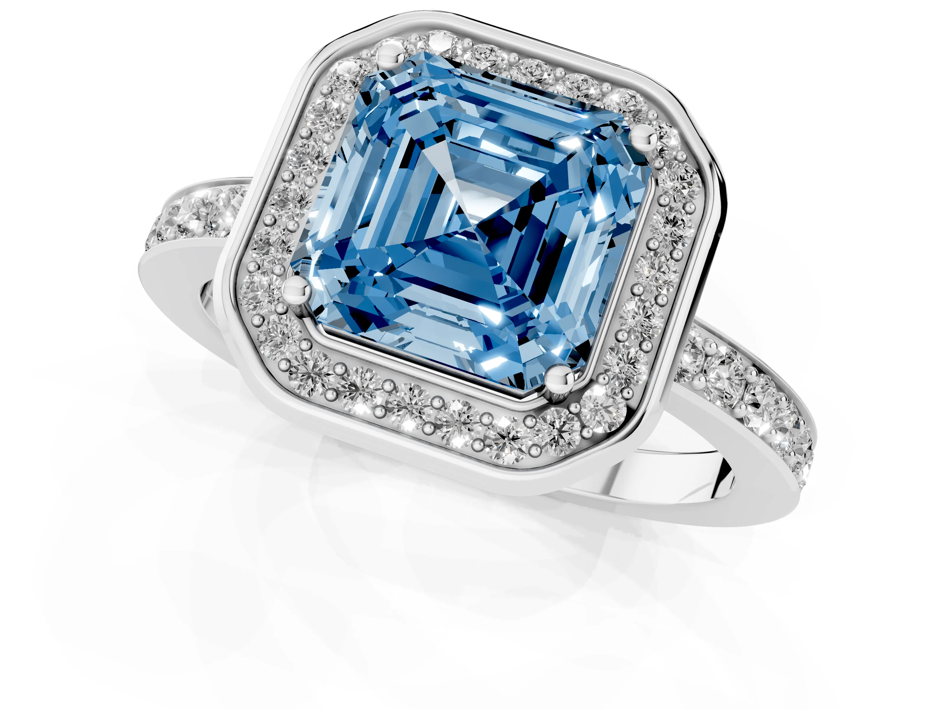 Fancy Blue Asscher Cut Diamond Halo Ring Set in White gold with Bezel Frame and Pavé Band