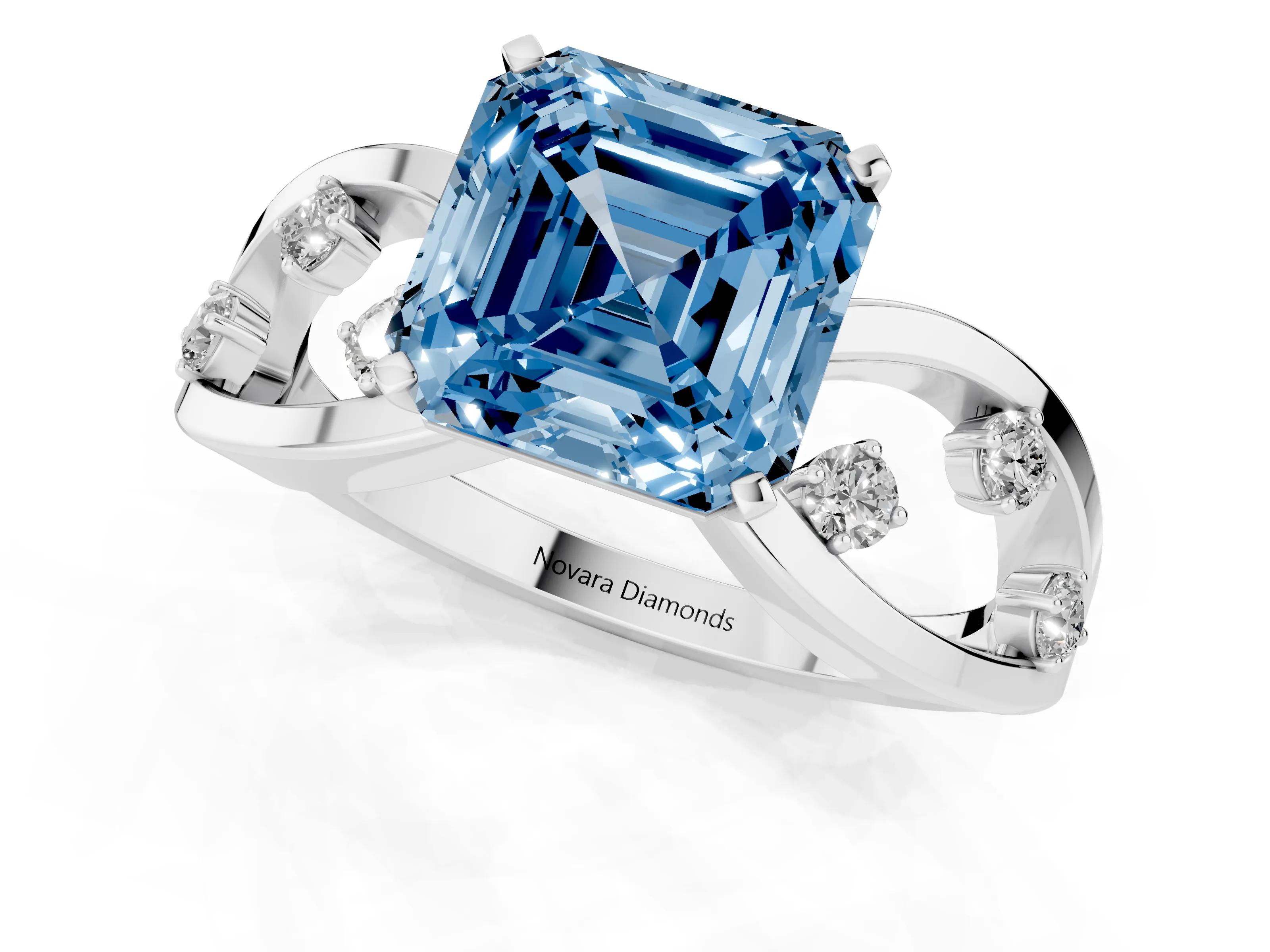 Fancy Blue Asscher Cut Diamond Solitaire Ring Set in White gold with Side Stones on Criss-Cross Band and Prong Setting