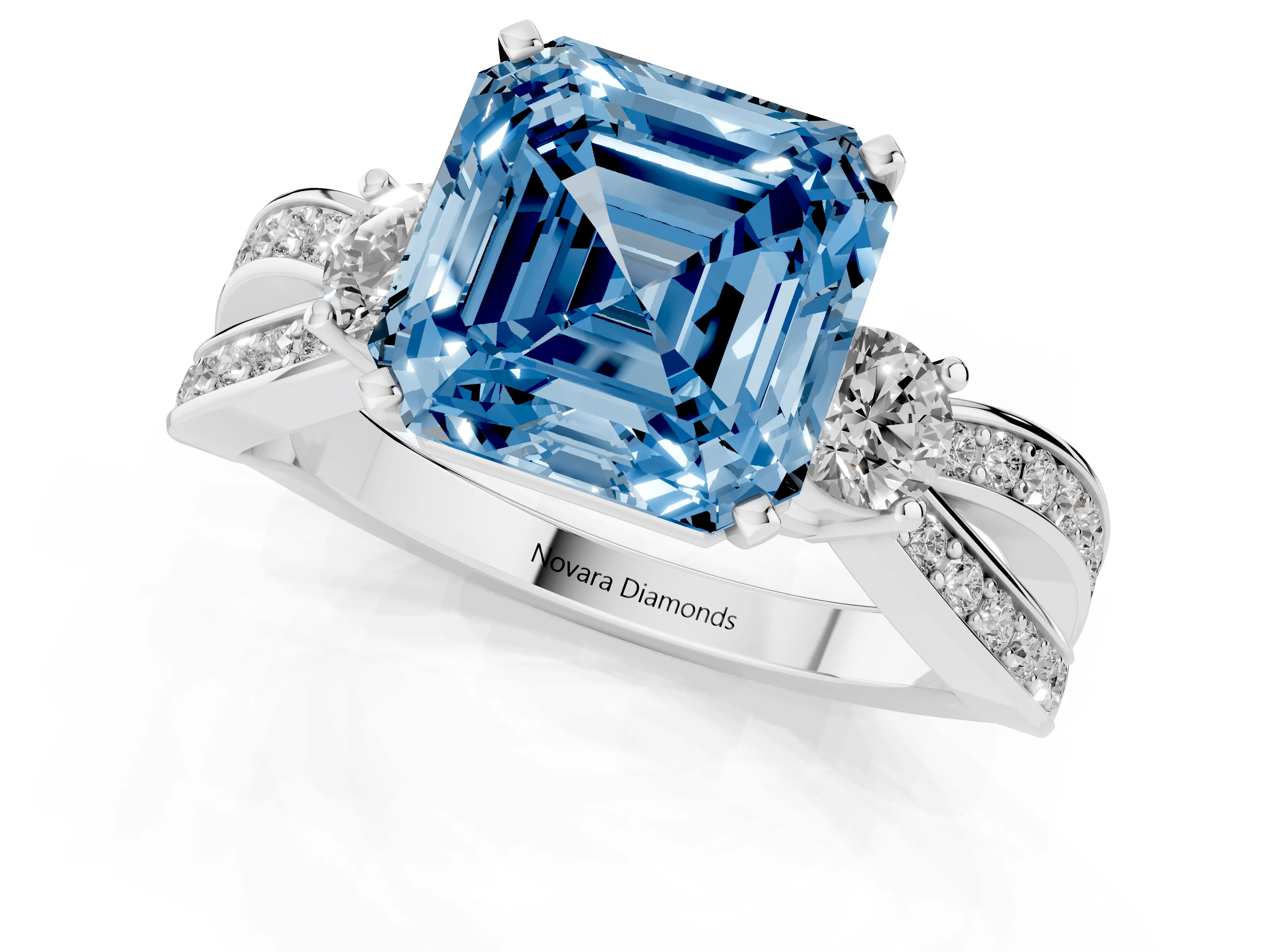 Fancy Blue Three-Stone Asscher Cut Diamond Twist Band Ring Set in Silver with Pavé Accents and Prong Setting