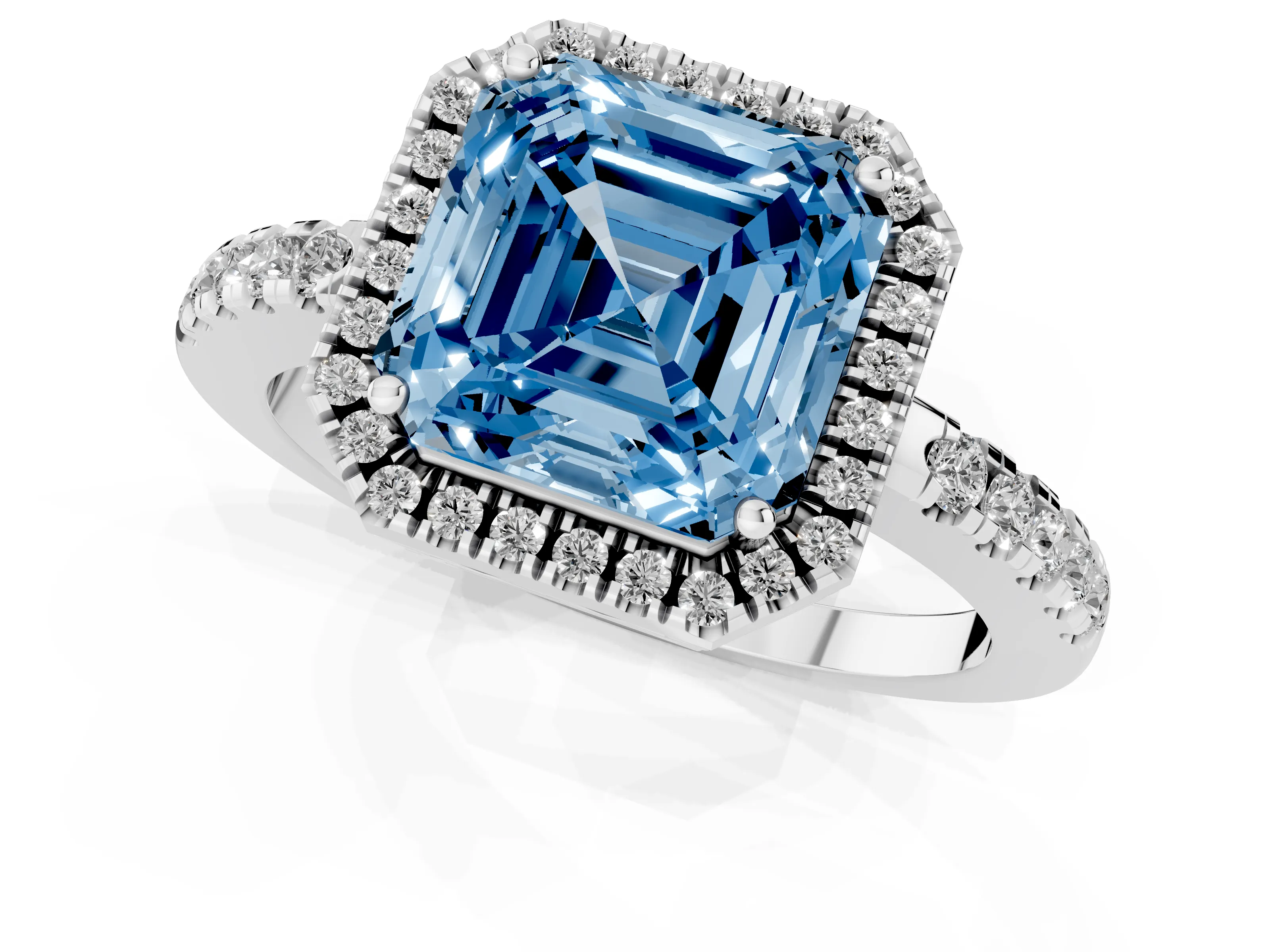 Fancy Blue Asscher Cut Diamond Pavé Band Halo Engagement Ring Set in White gold with Prong Setting