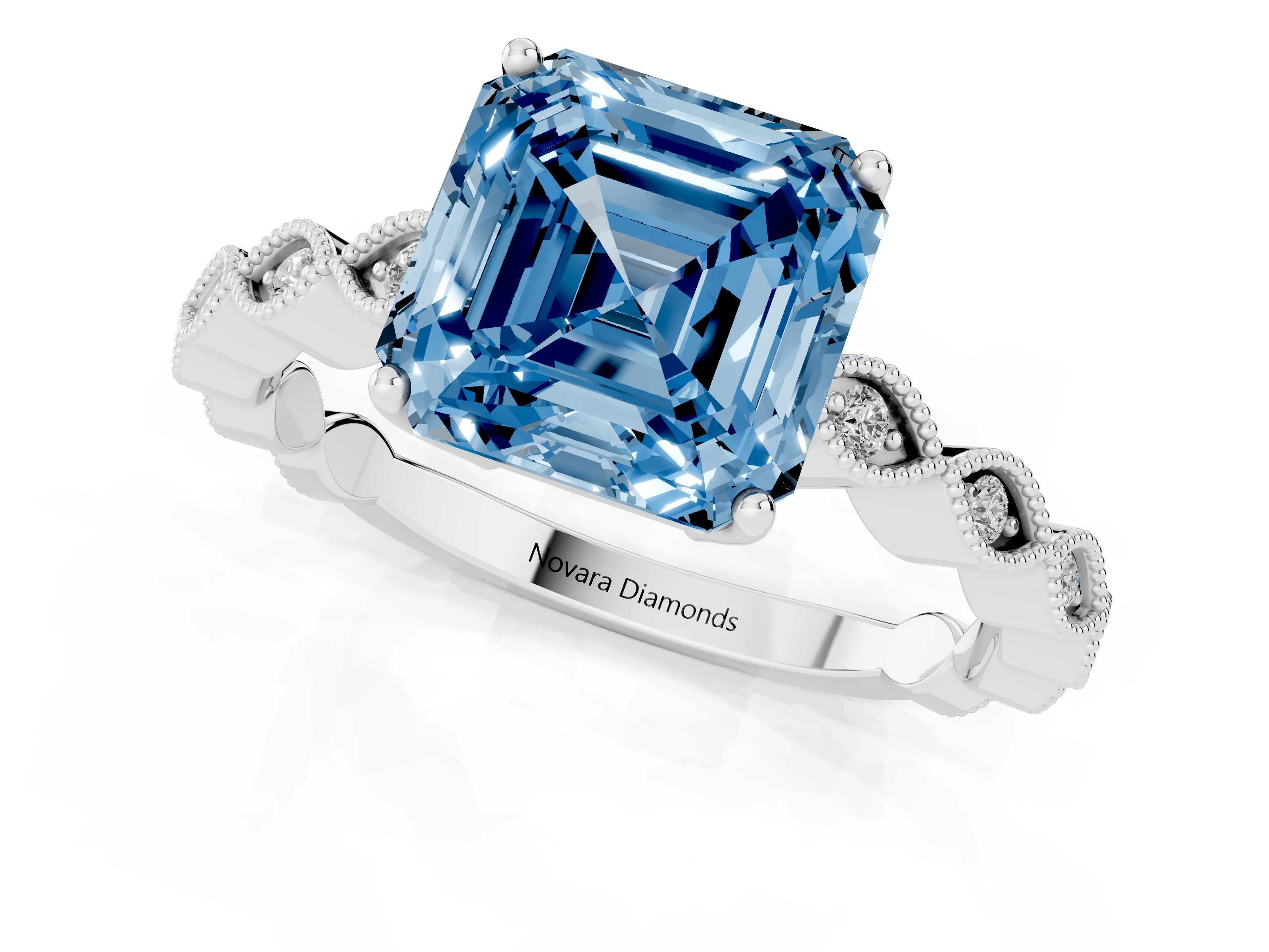 Fancy Blue Asscher Cut Diamond Solitaire Ring Set in Silver with Infinity Twist Pavé Band