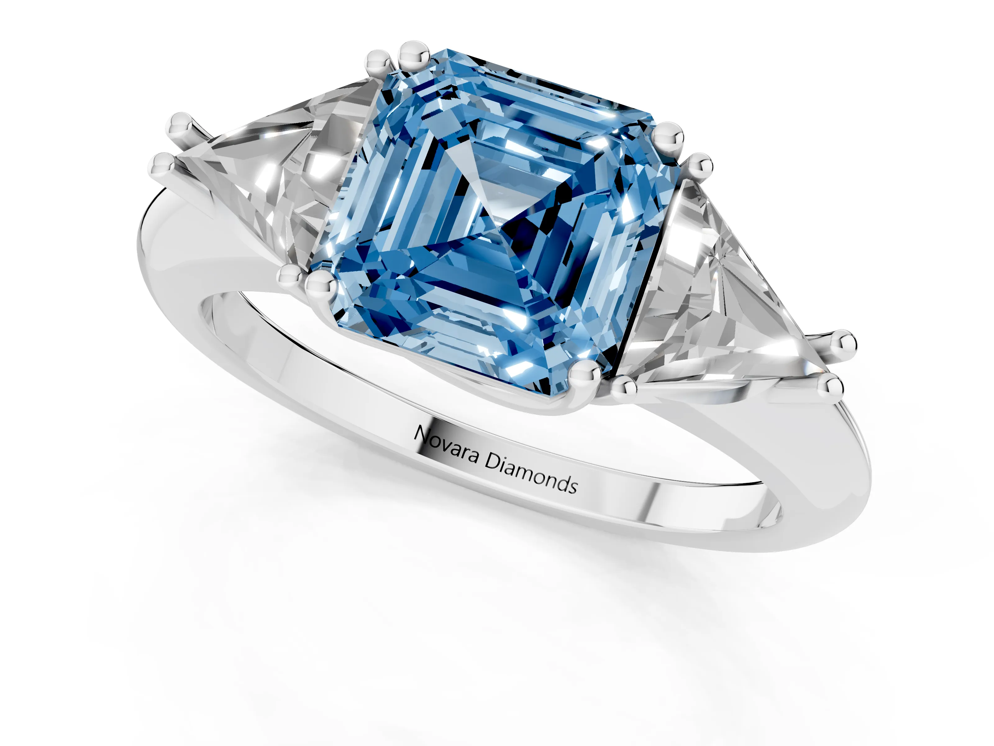 Fancy Blue Asscher Cut Diamond Three-Stone Engagement Ring Set in Silver with Trillion Side Stones