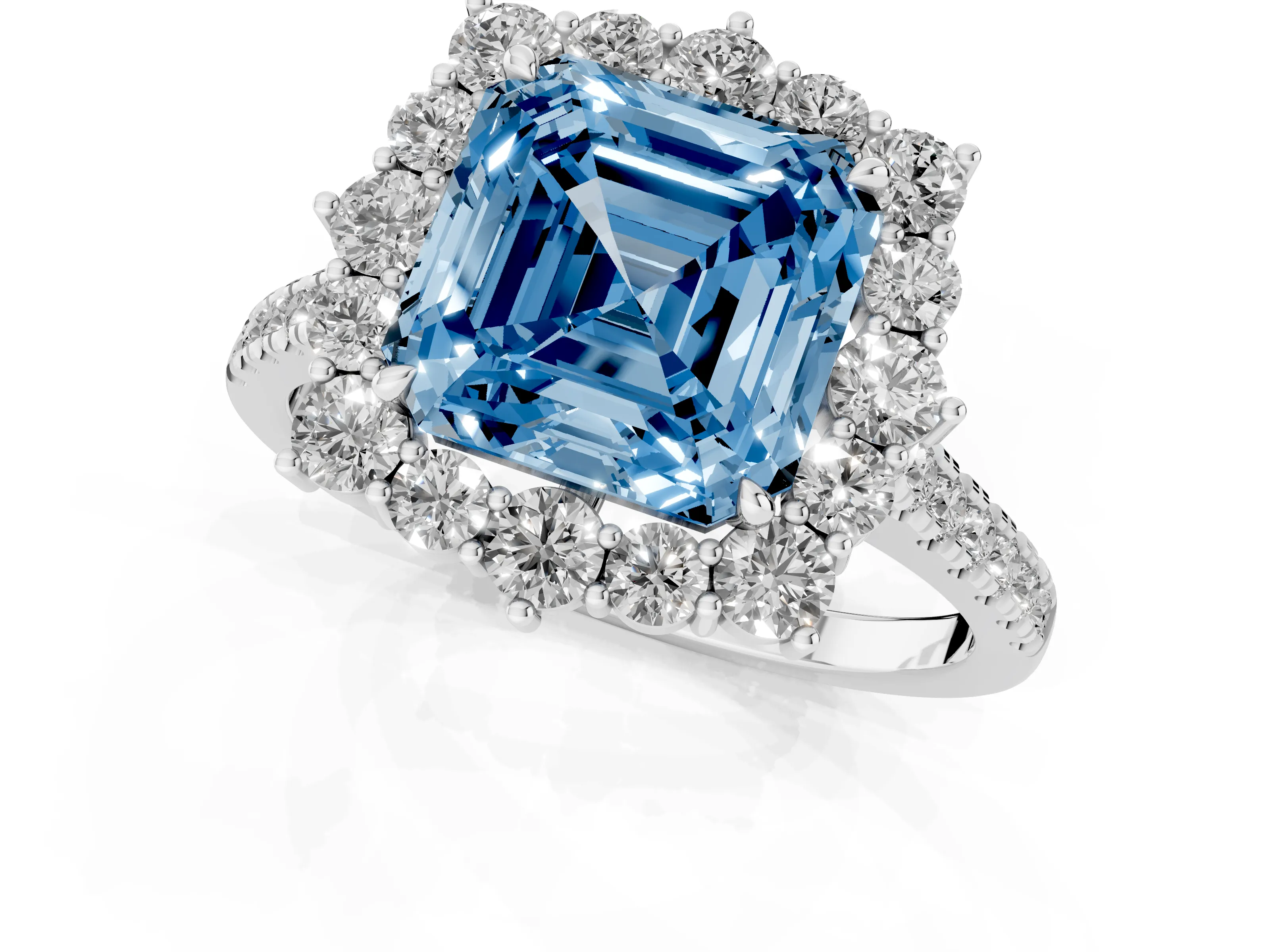 Fancy Blue Asscher Cut Diamond Halo Ring Set in Silver with Pavé Band and Prong Setting