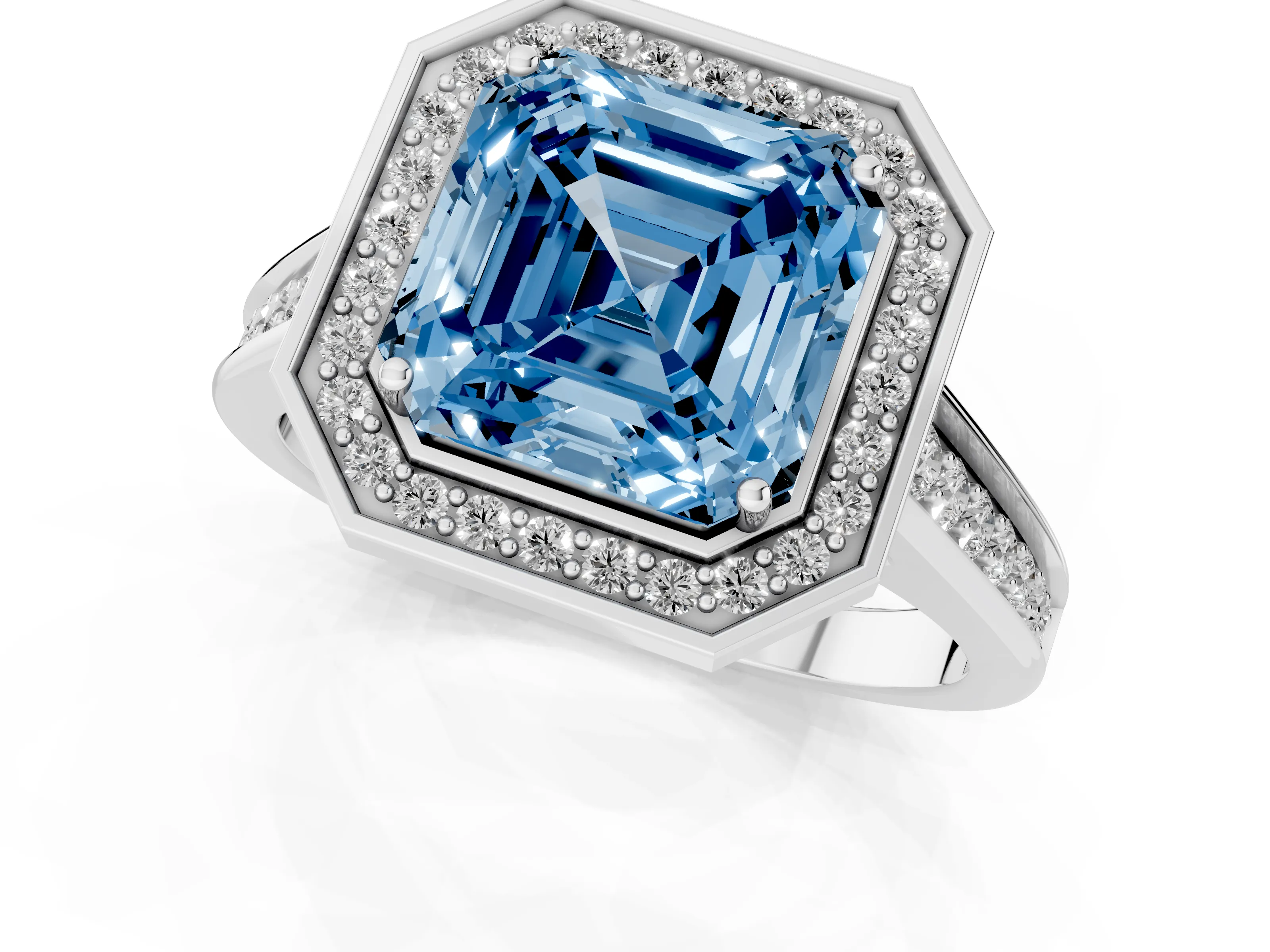 Fancy Blue Asscher Cut Diamond Halo Solitaire Ring Set in White gold with Pavé Band and Bezel Setting