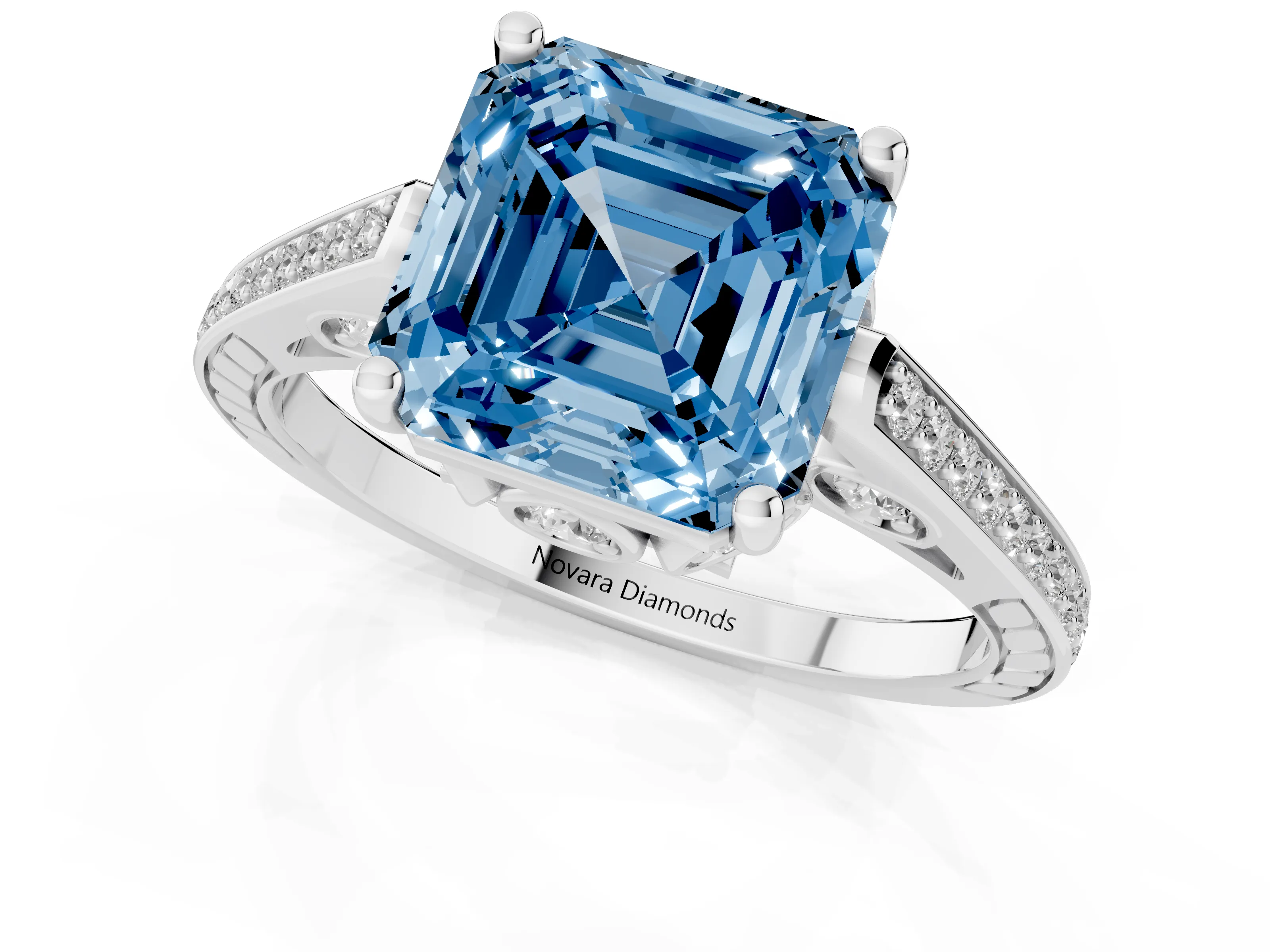 Fancy Blue Asscher Cut Diamond Cathedral Pavé Engagement Ring Set in Silver with Prong Setting