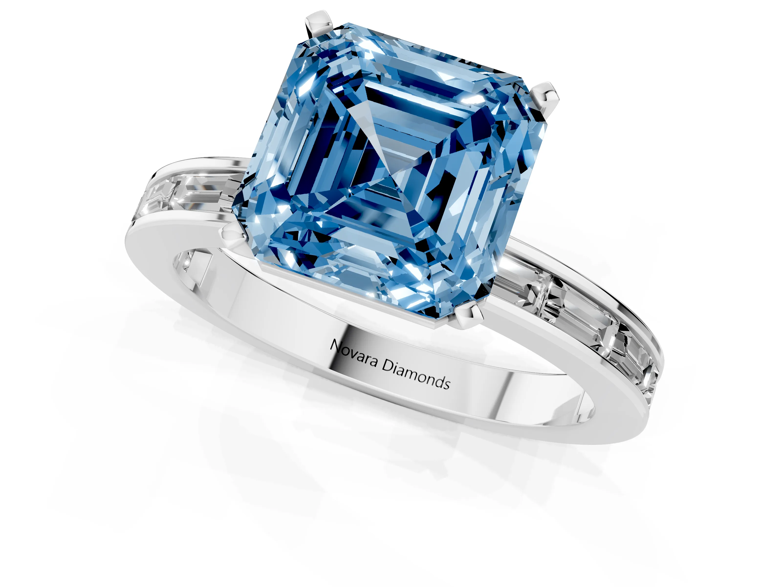 Fancy Blue Asscher Cut Diamond Solitaire Ring Set in White gold with Channel-Set Baguette Band and Prong Setting