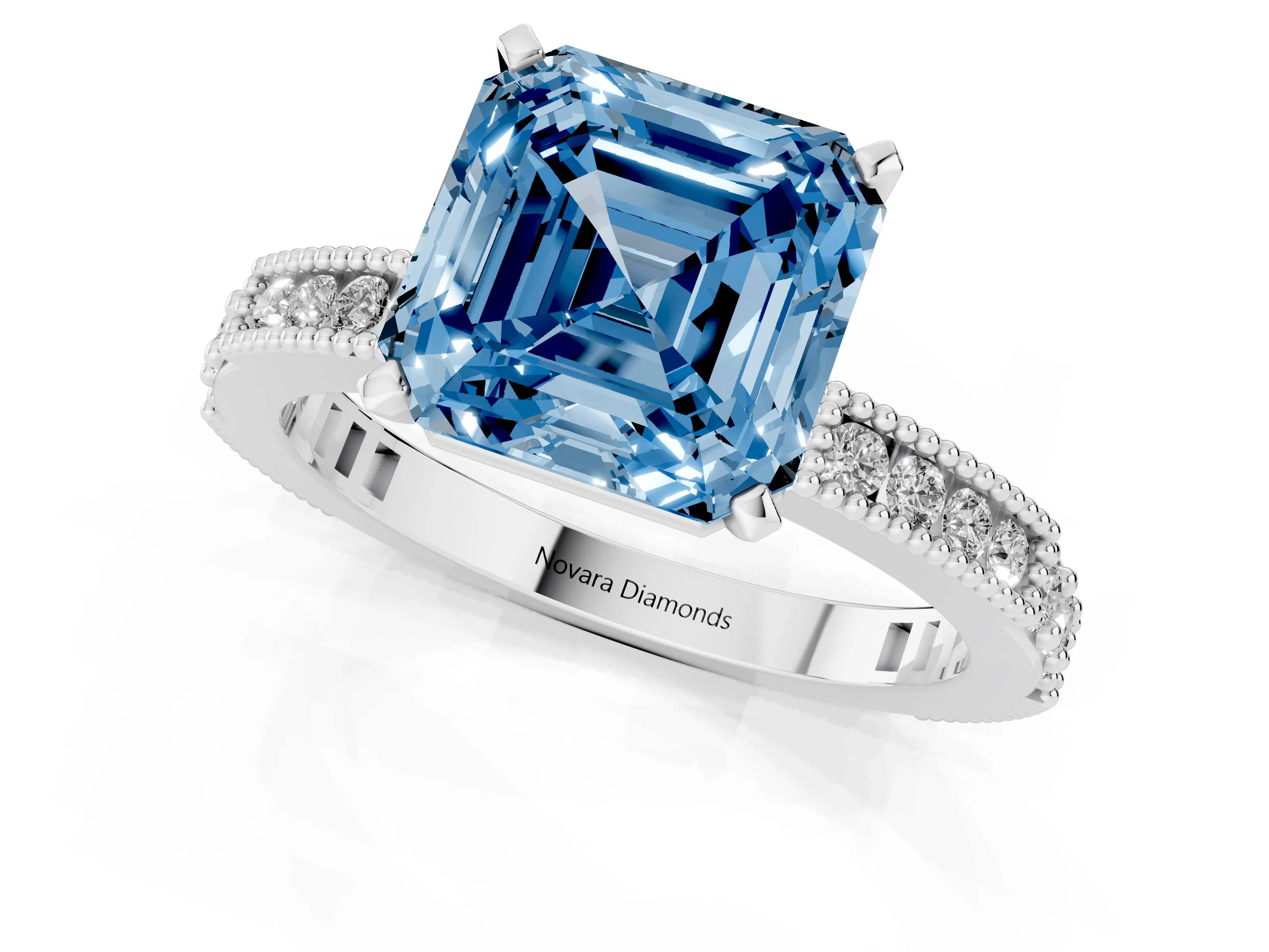 Fancy Blue Asscher Cut Diamond Solitaire Ring Set in Silver with Slim Pavé Band and Prong Setting