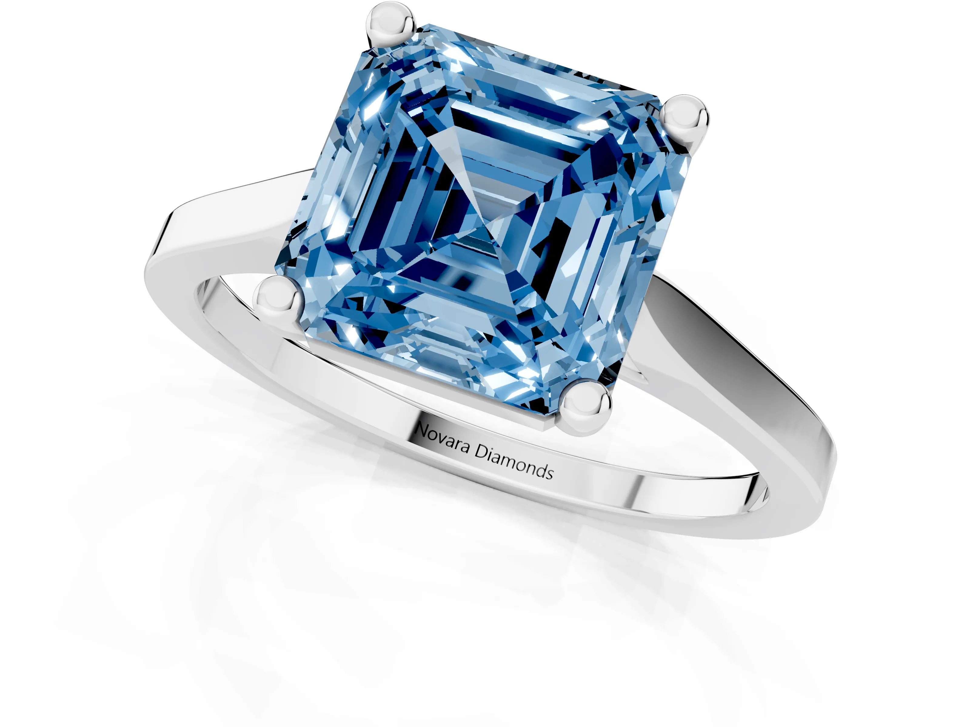 Fancy Blue Asscher Cut Diamond Solitaire Ring Set in White gold with Prong Setting and Tapered Band