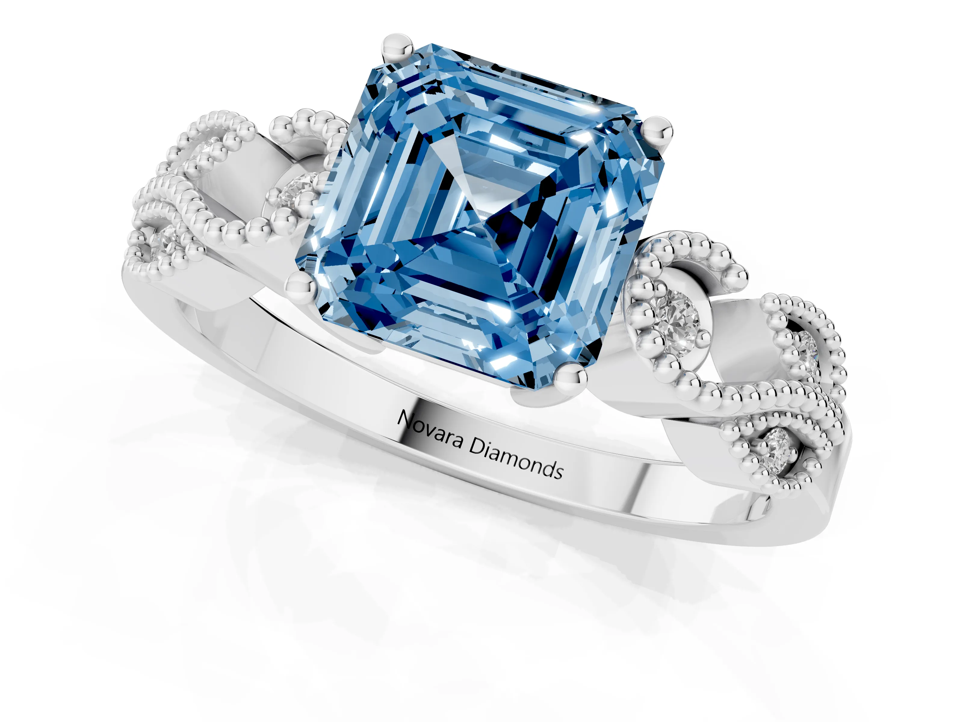 Fancy Blue Asscher Cut Diamond Milgrain Leaf Band Solitaire Ring Set in White gold with Accent Stones and Prong Setting