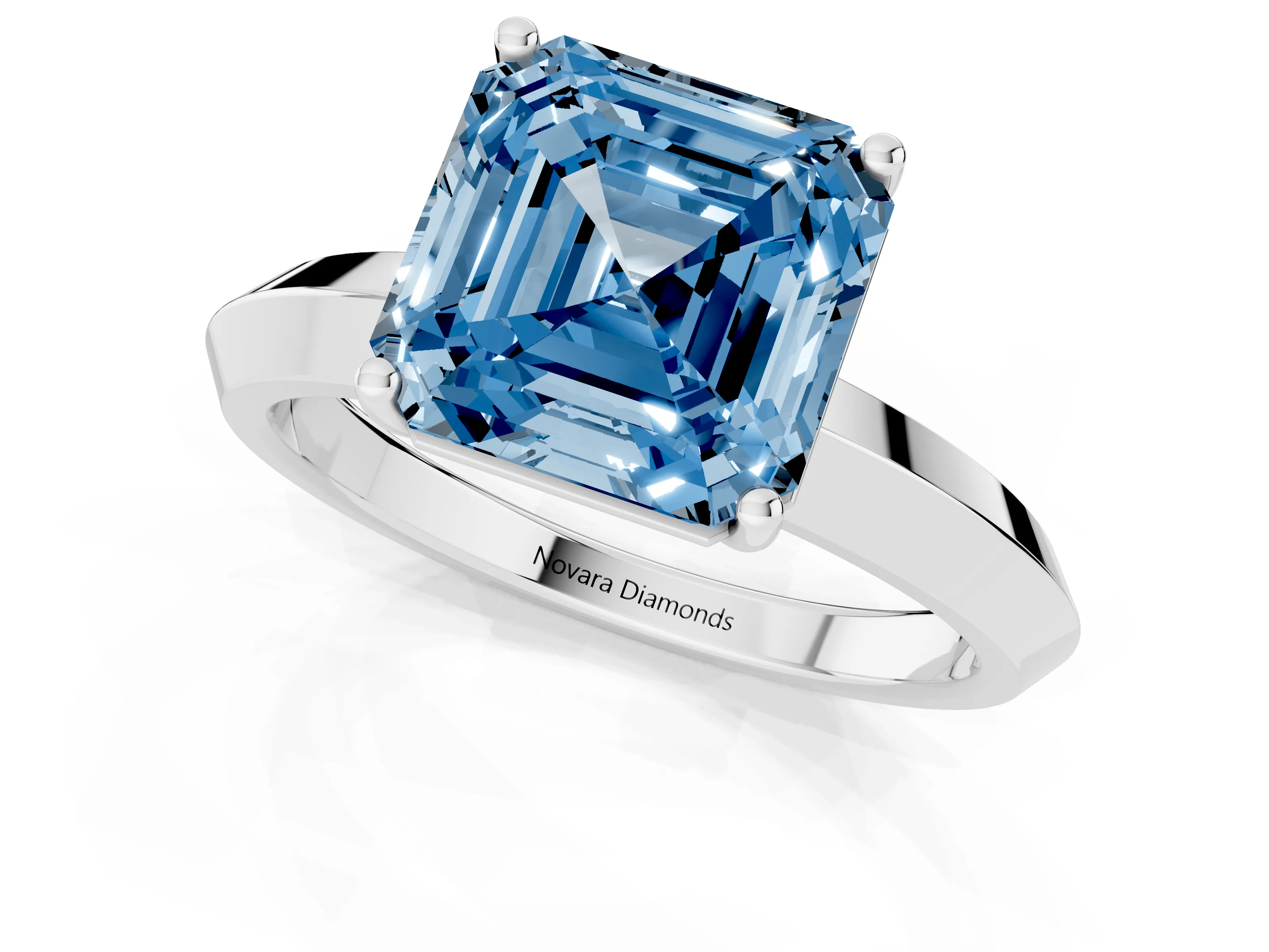 Fancy Blue Asscher Cut Diamond Solitaire Engagement Ring Set in Silver with Flat Band and Prong Setting