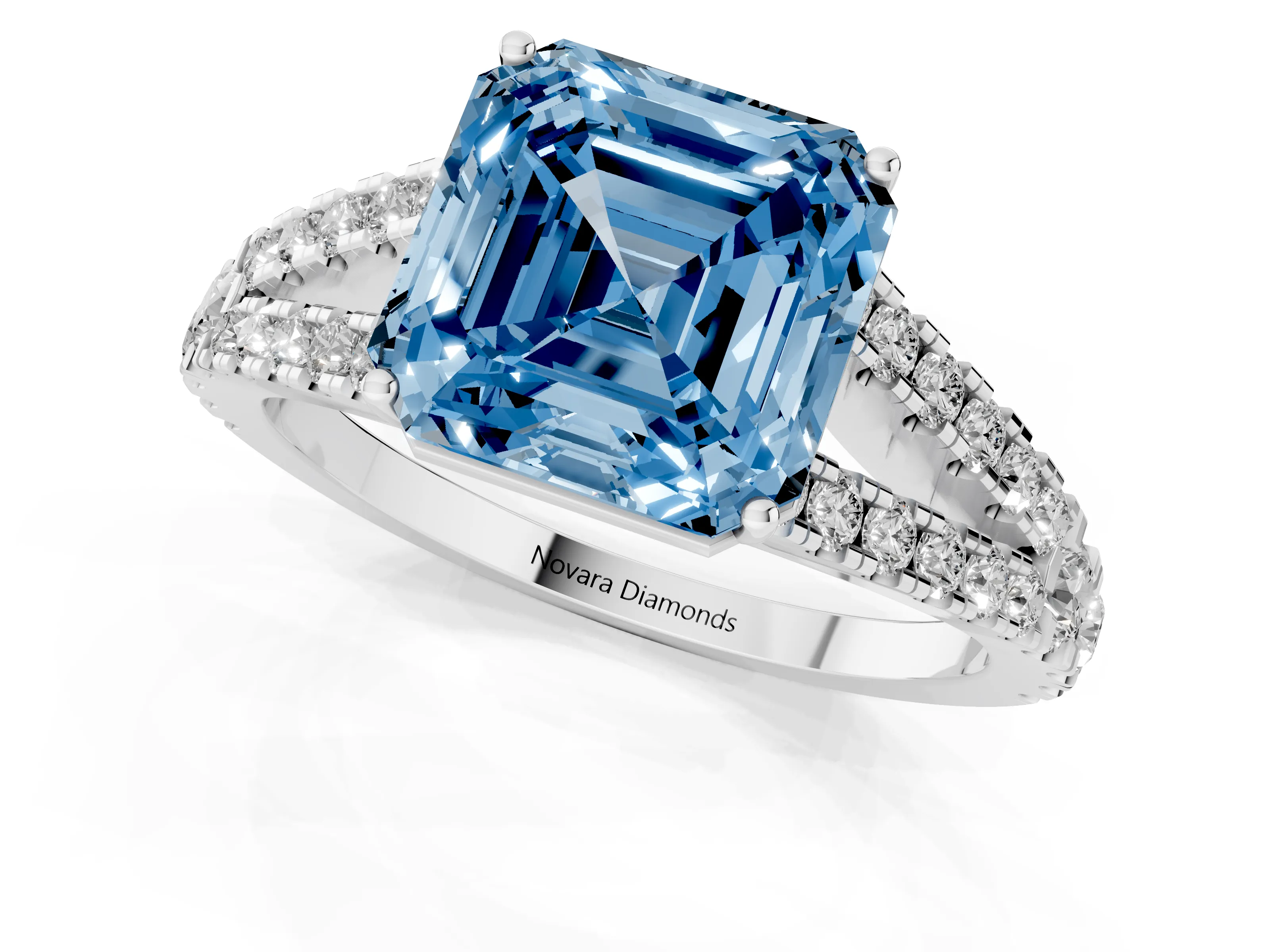 Fancy Blue Asscher Cut Diamond Split Shank Pavé Engagement Ring Set in Platinum with Prong-Held Center Stone – second view