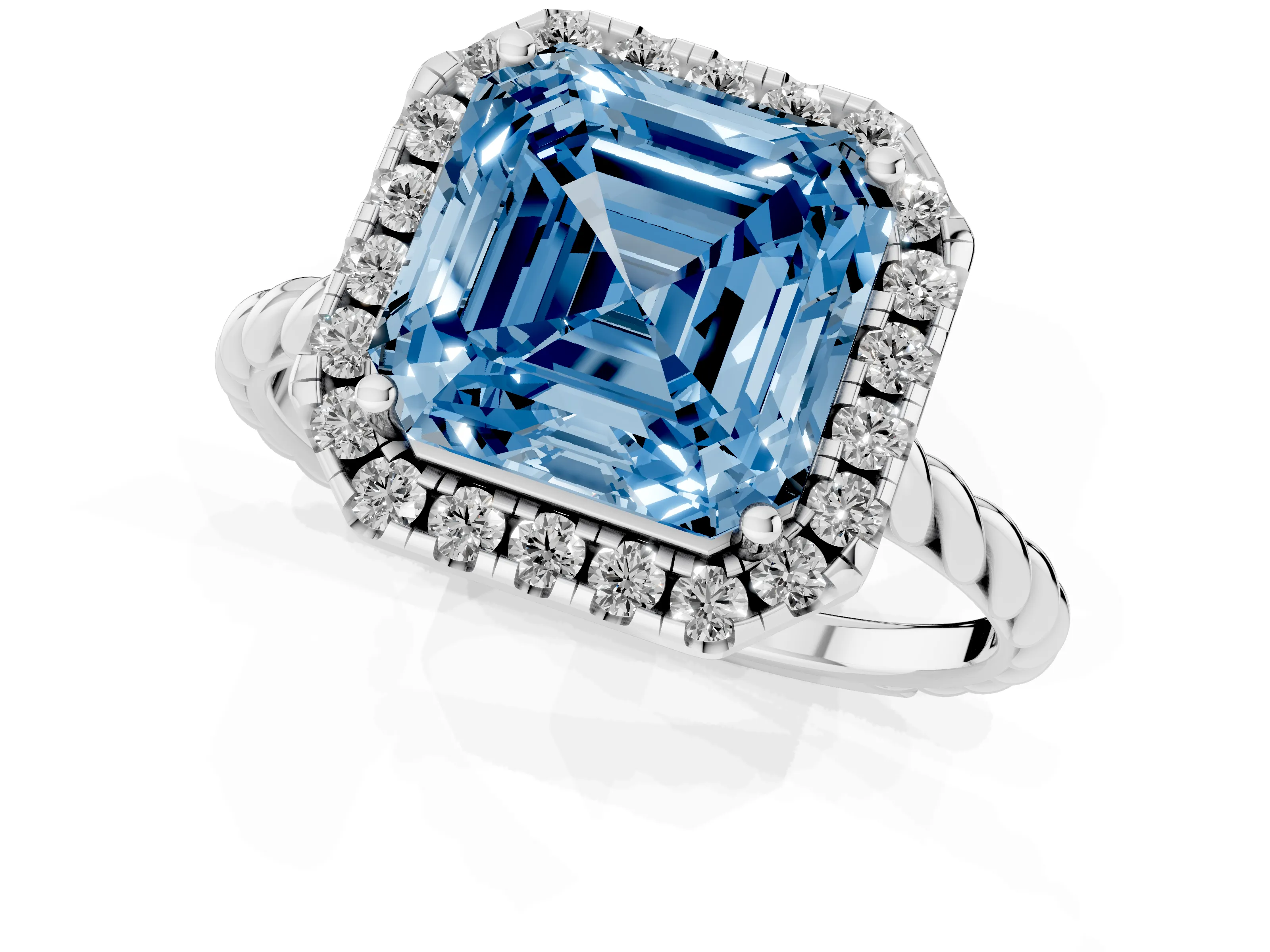 Fancy Blue Asscher Cut Diamond Halo Ring Set in Silver with Plain Twisted Band