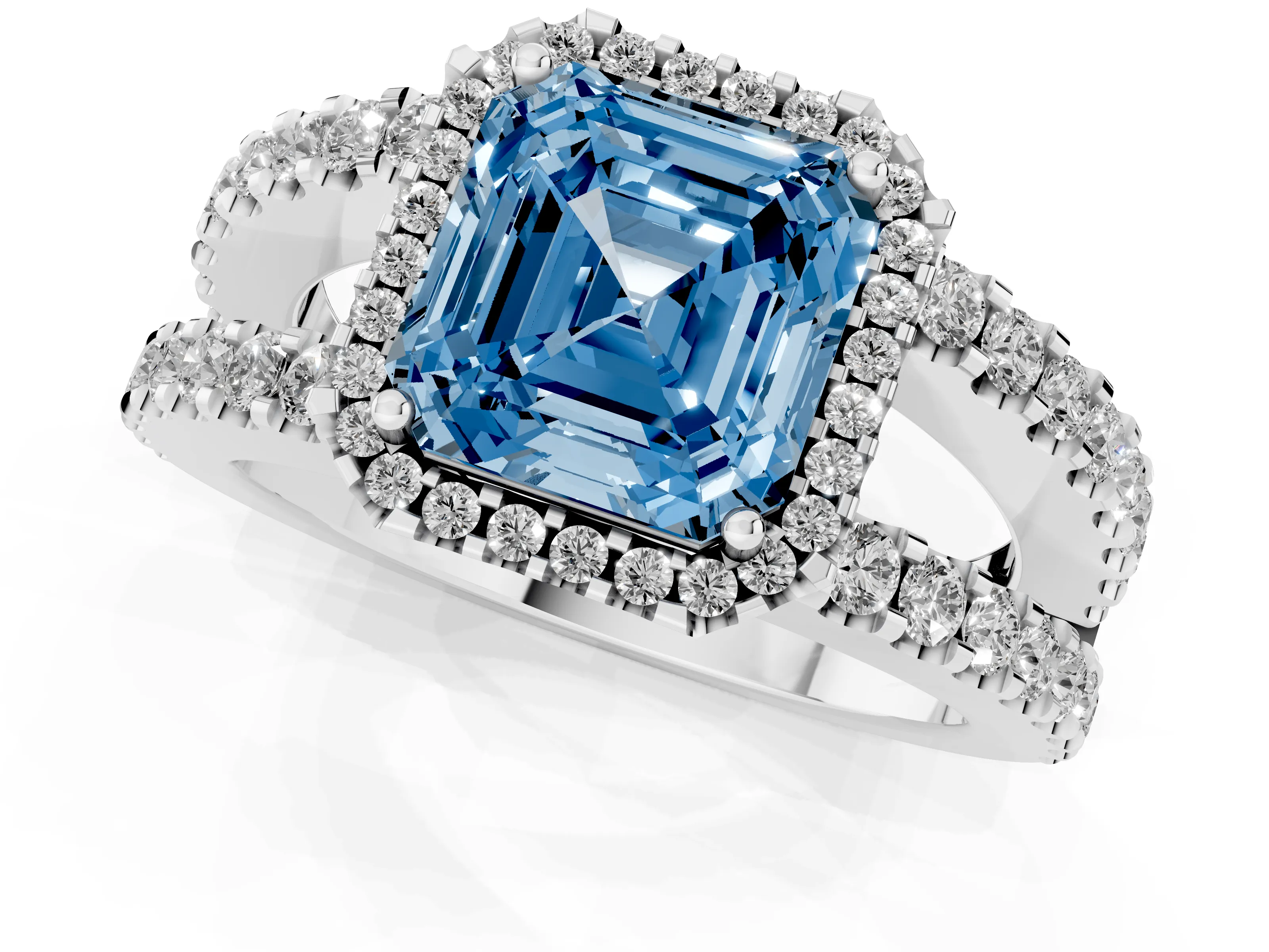 Fancy Blue Asscher Cut Diamond Halo Ring Set in Platinum with Pavé Split Shank and Prong Setting