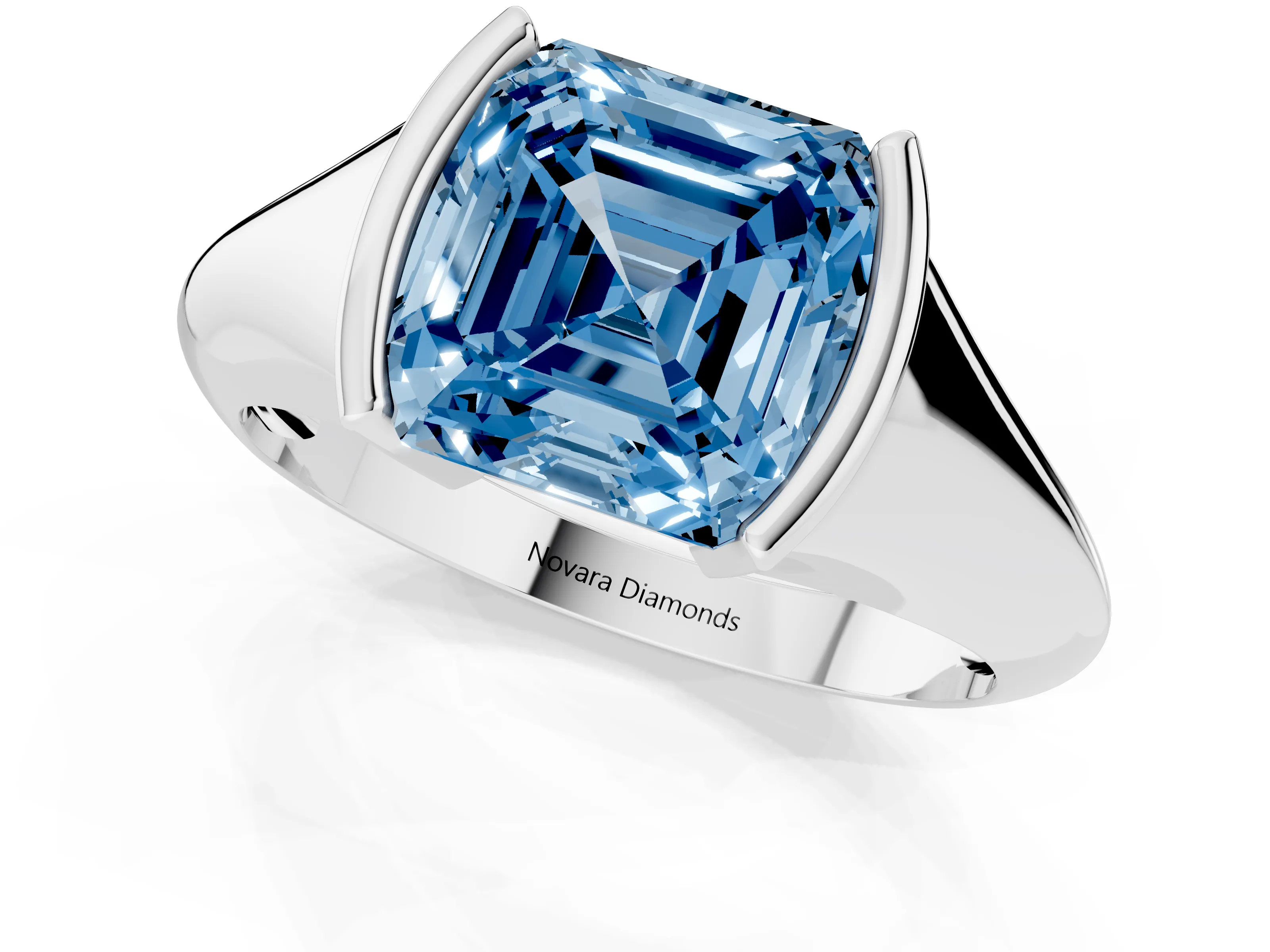 Fancy Blue Asscher Cut Diamond Solitaire Tension Set Ring Set in White gold