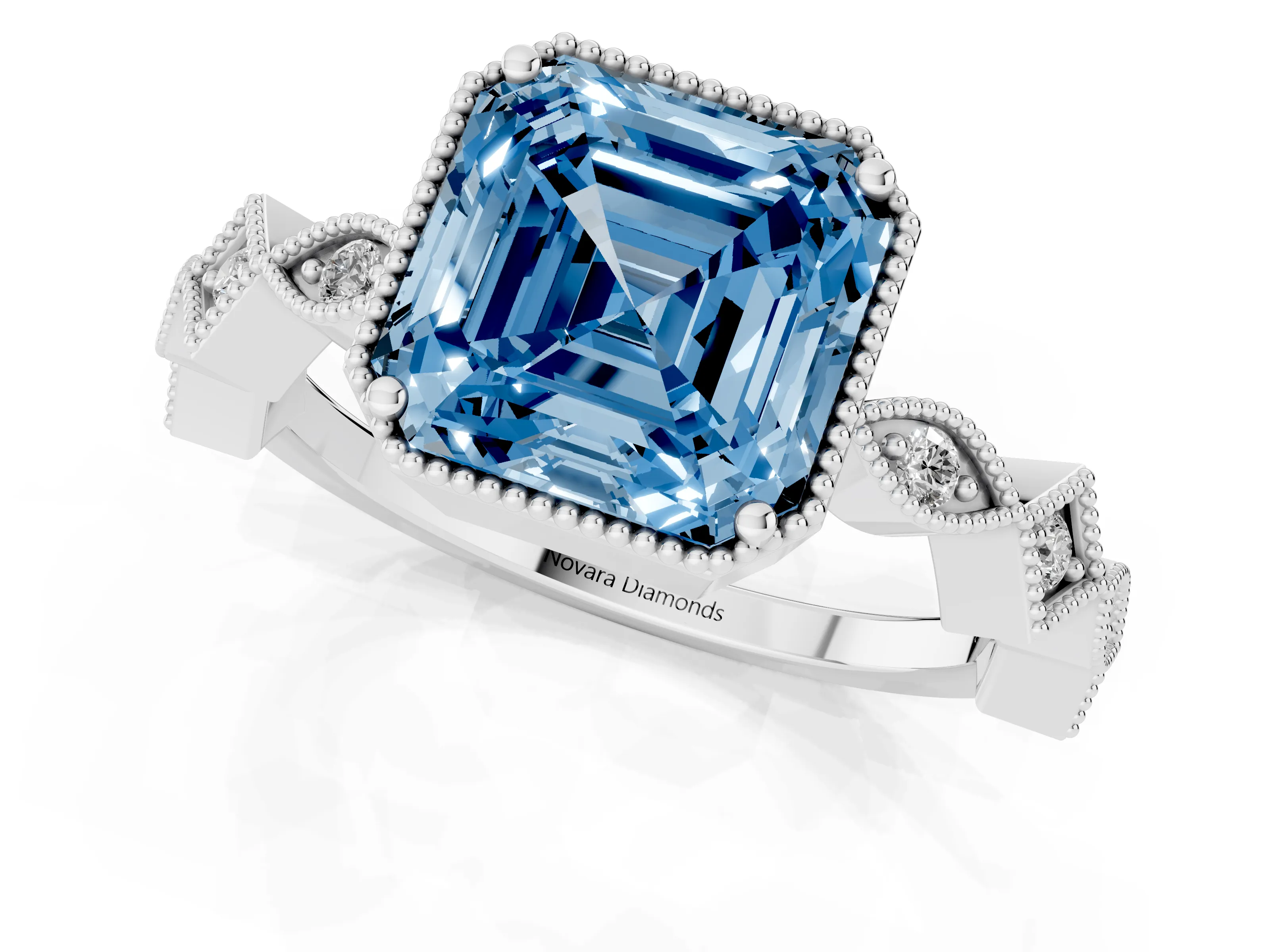 Fancy Blue Asscher Cut Diamond Milgrain Marquise Twist Band Ring Set in Silver with Prong Setting