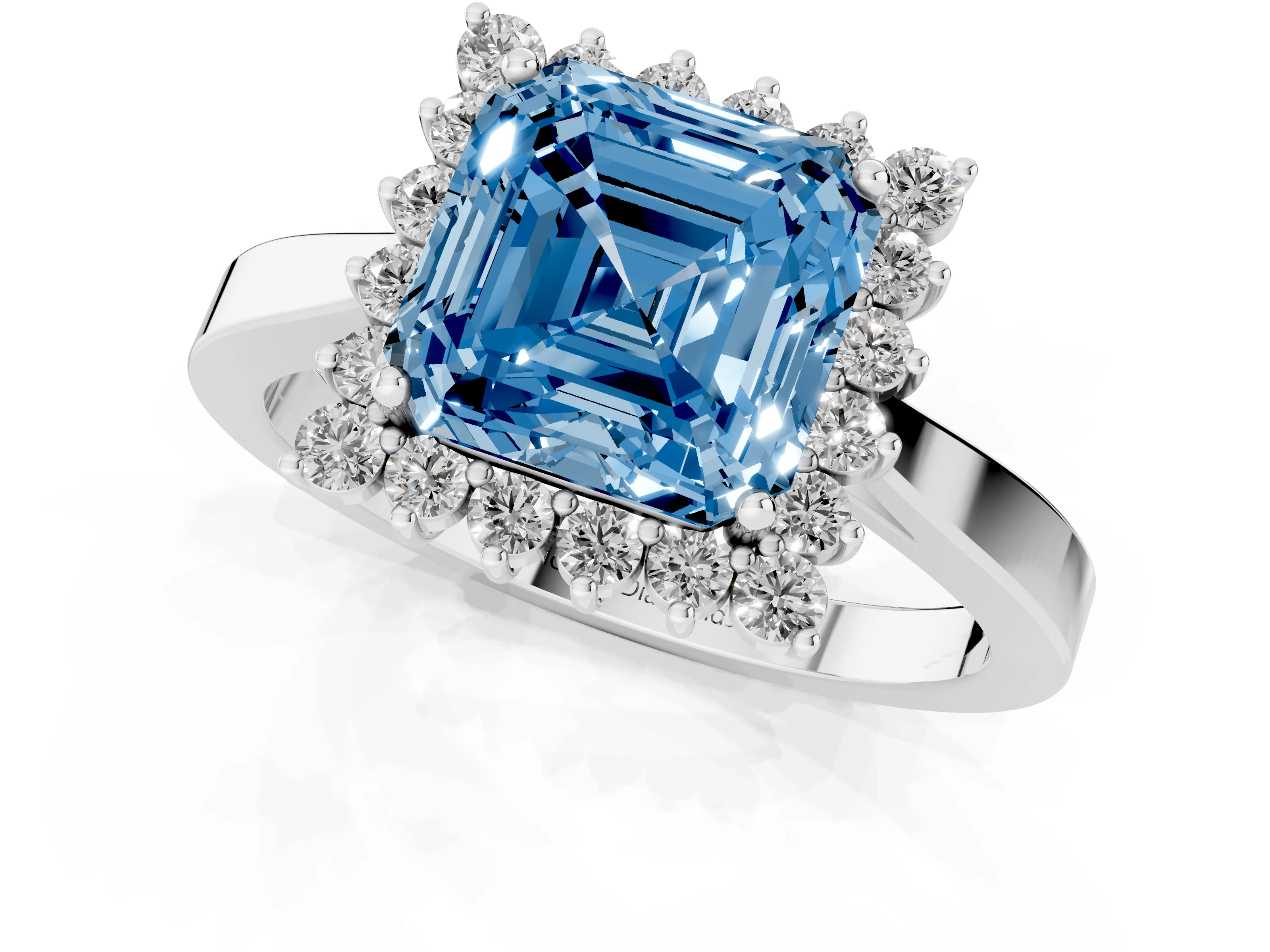 Fancy Blue Asscher Cut Diamond Halo Ring Set in Platinum with Round Halo and Smooth Solitaire Band