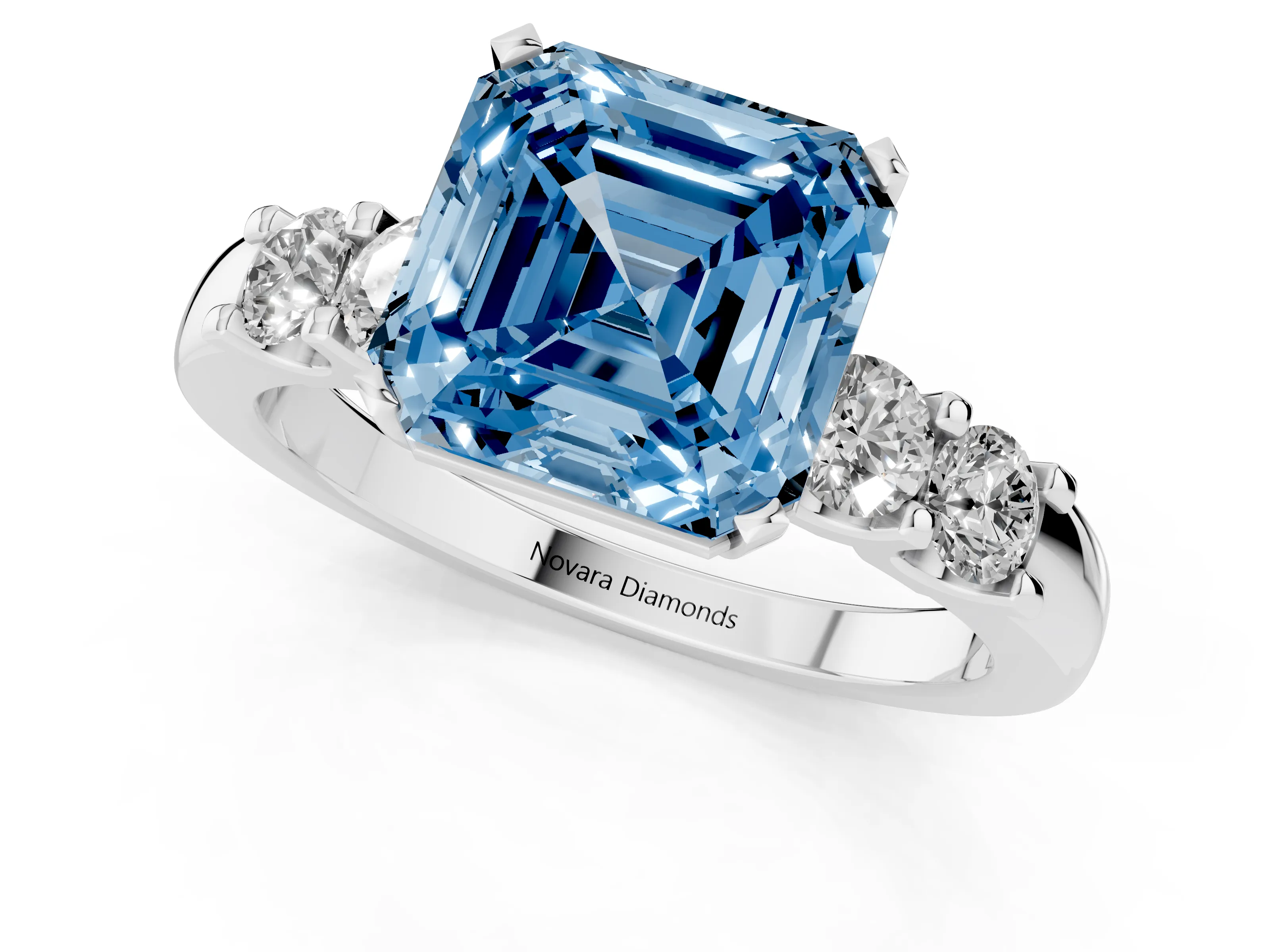 Fancy Blue Asscher Cut Diamond Five-Stone Prong Set Engagement Ring Set in Silver with Channel Band