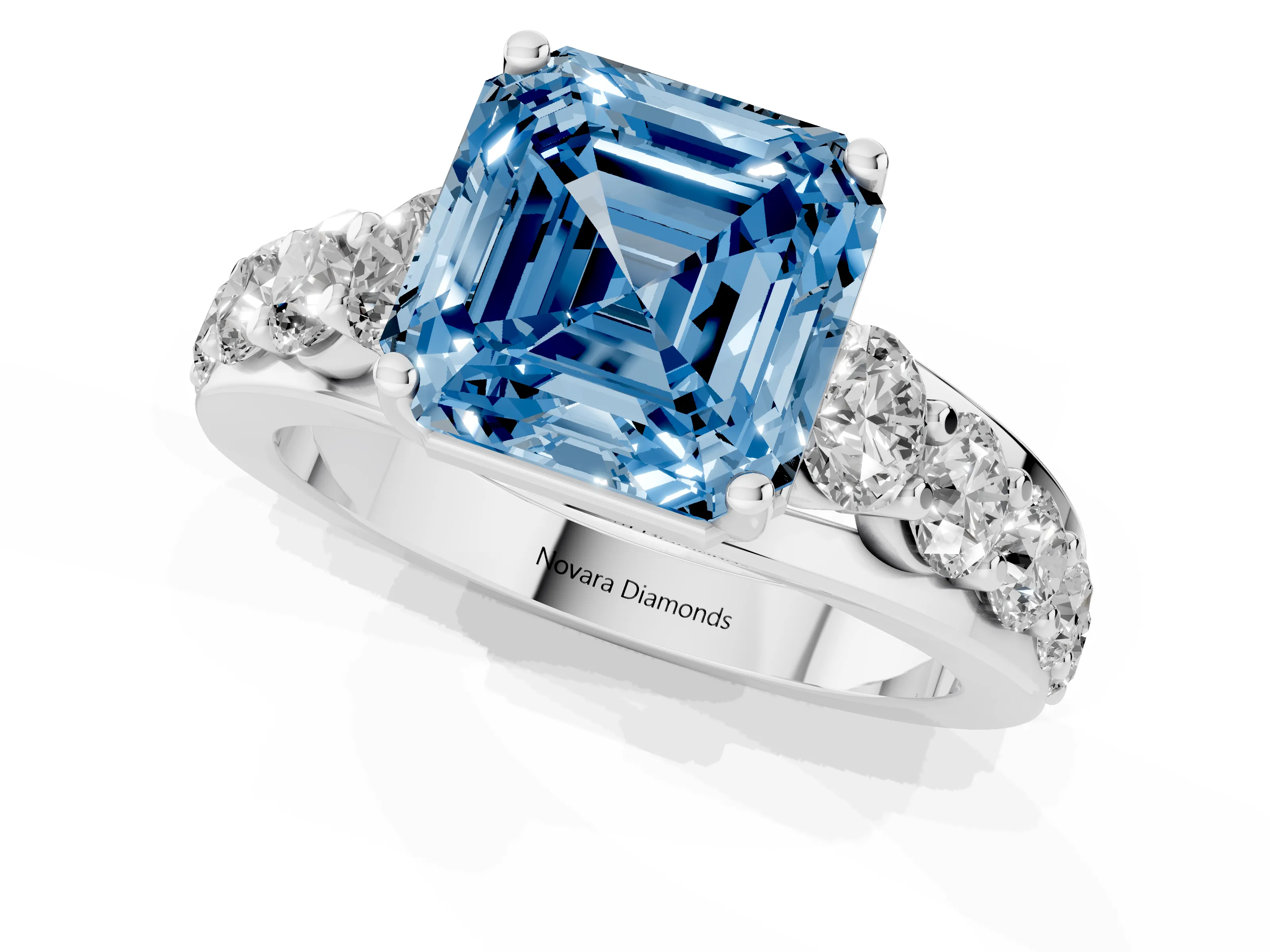 Fancy Blue Asscher Cut Diamond Pavé Engagement Ring Set in Platinum with Prong Setting
