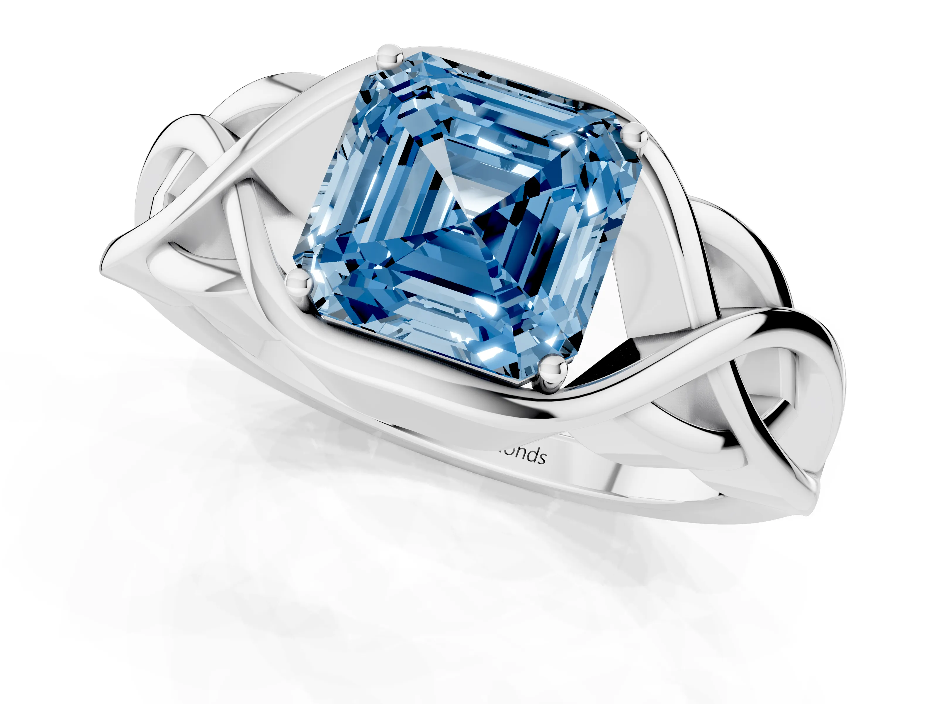 Fancy Blue Asscher Cut Diamond Solitaire Ring Set in Platinum with Intertwined Band