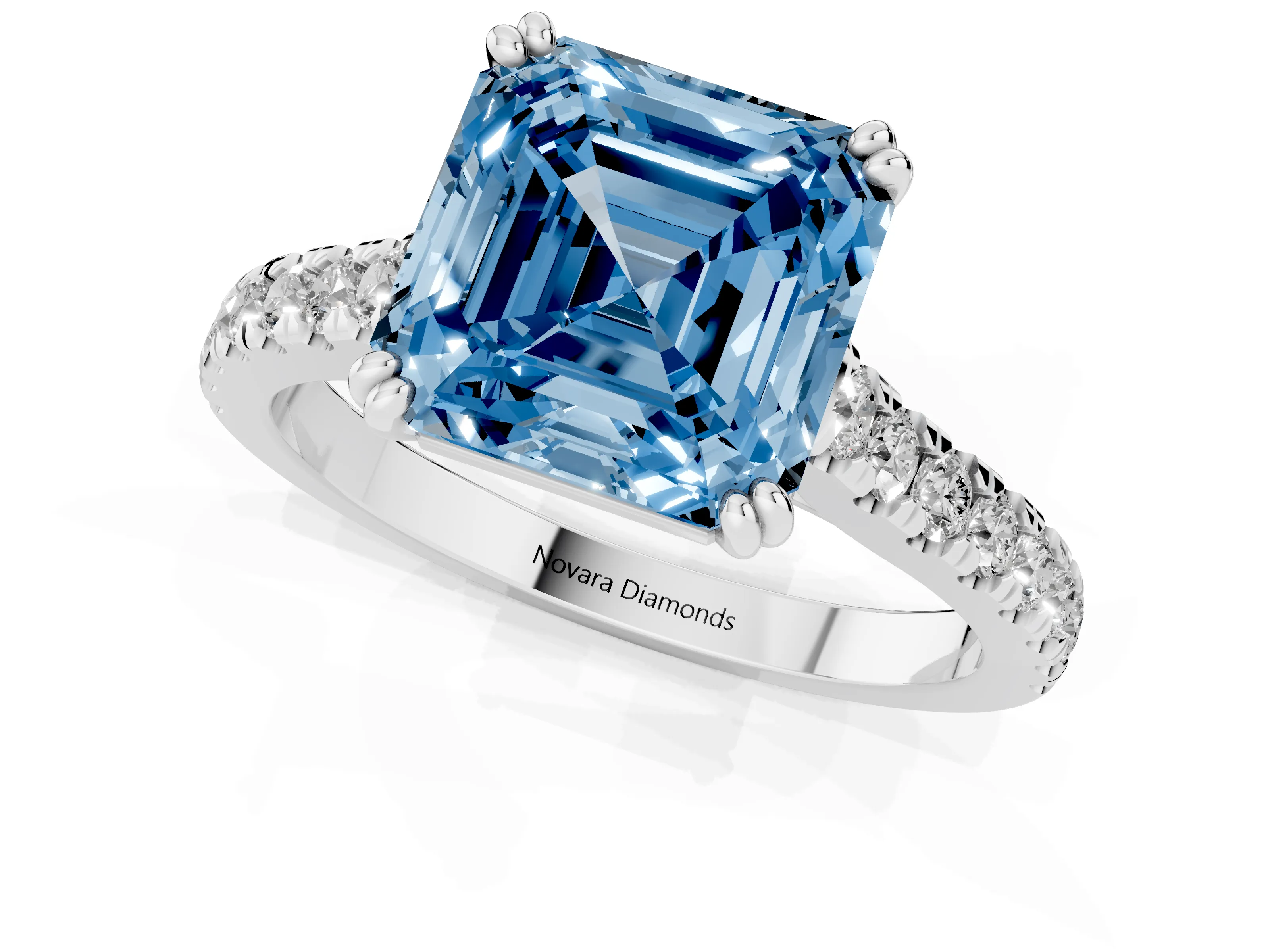 Fancy Blue Asscher Cut Diamond Solitaire Engagement Ring Set in Silver with Pavé Accents and Prong Setting